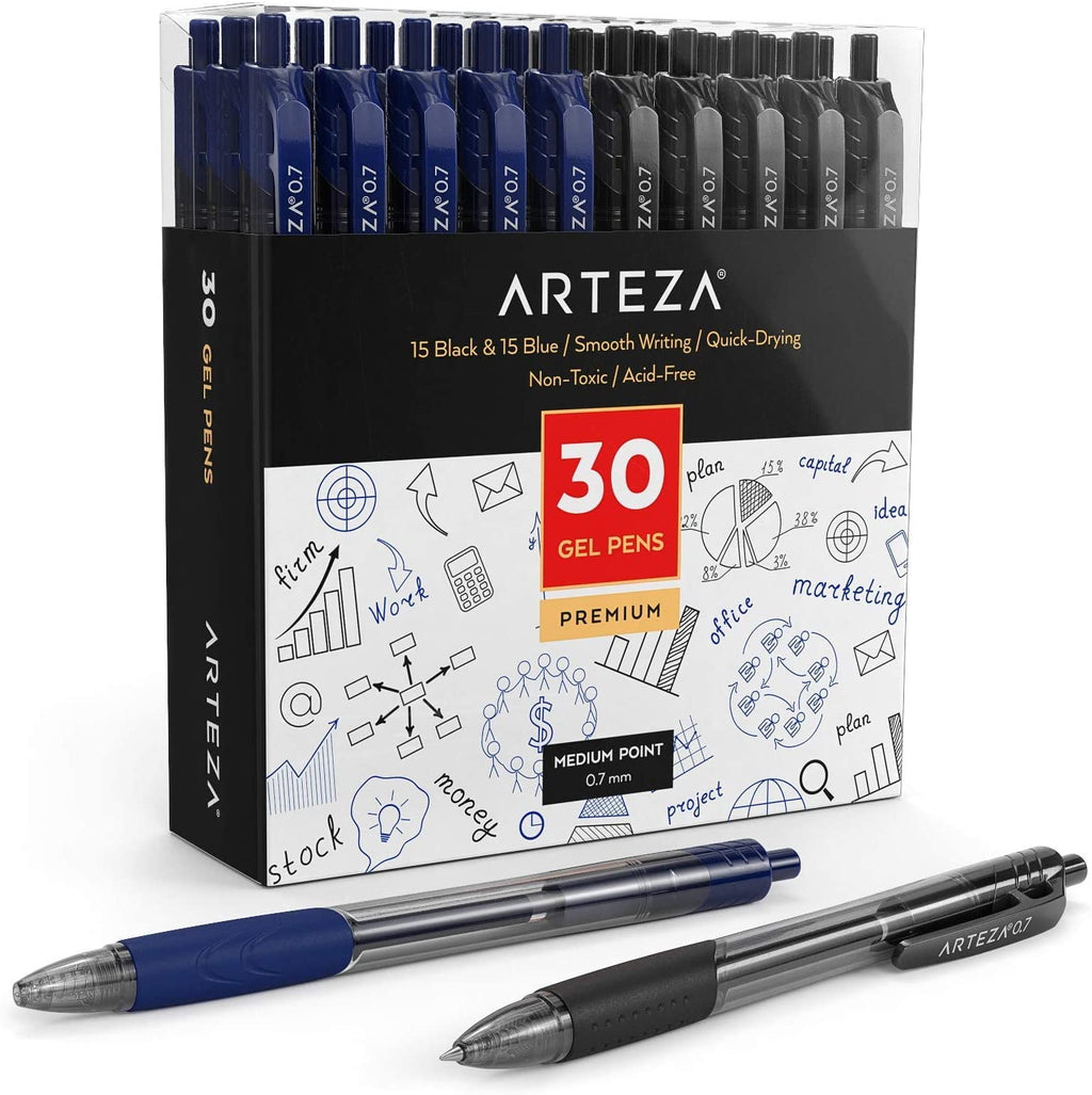 Retractable Gel Ink Pens Set, Black & Blue - Doodle, Draw, Journal - 30 Pack
