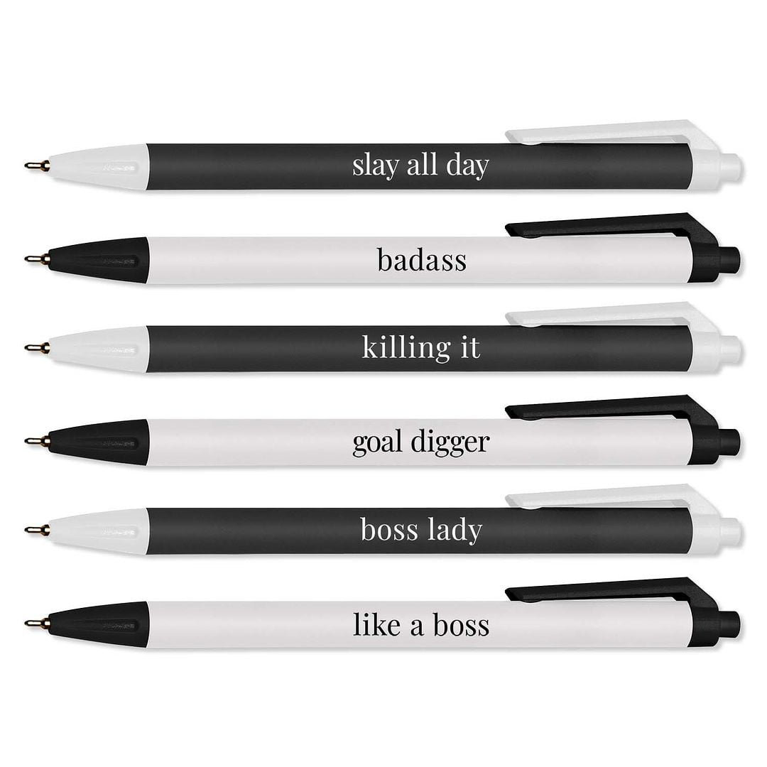 Black And White Female Empowerment Pen Set / 6 Black Ink Gel Glide Pens / Encouraging Boss Babe Office Supplies / Bos...