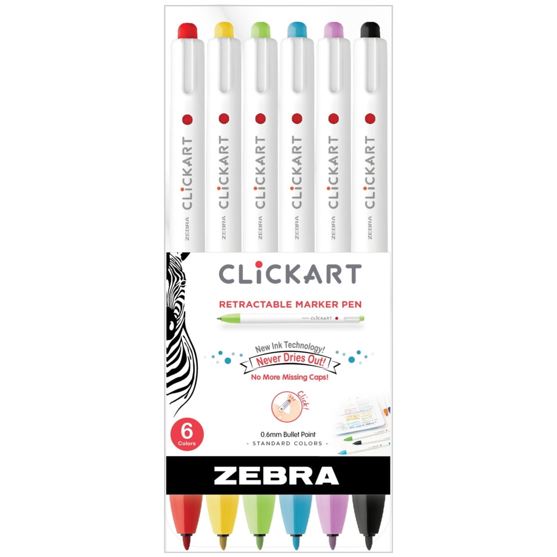 CLiCKART Retractable Marker Pen, 0.6 mm, Assorted Colors, 6pk