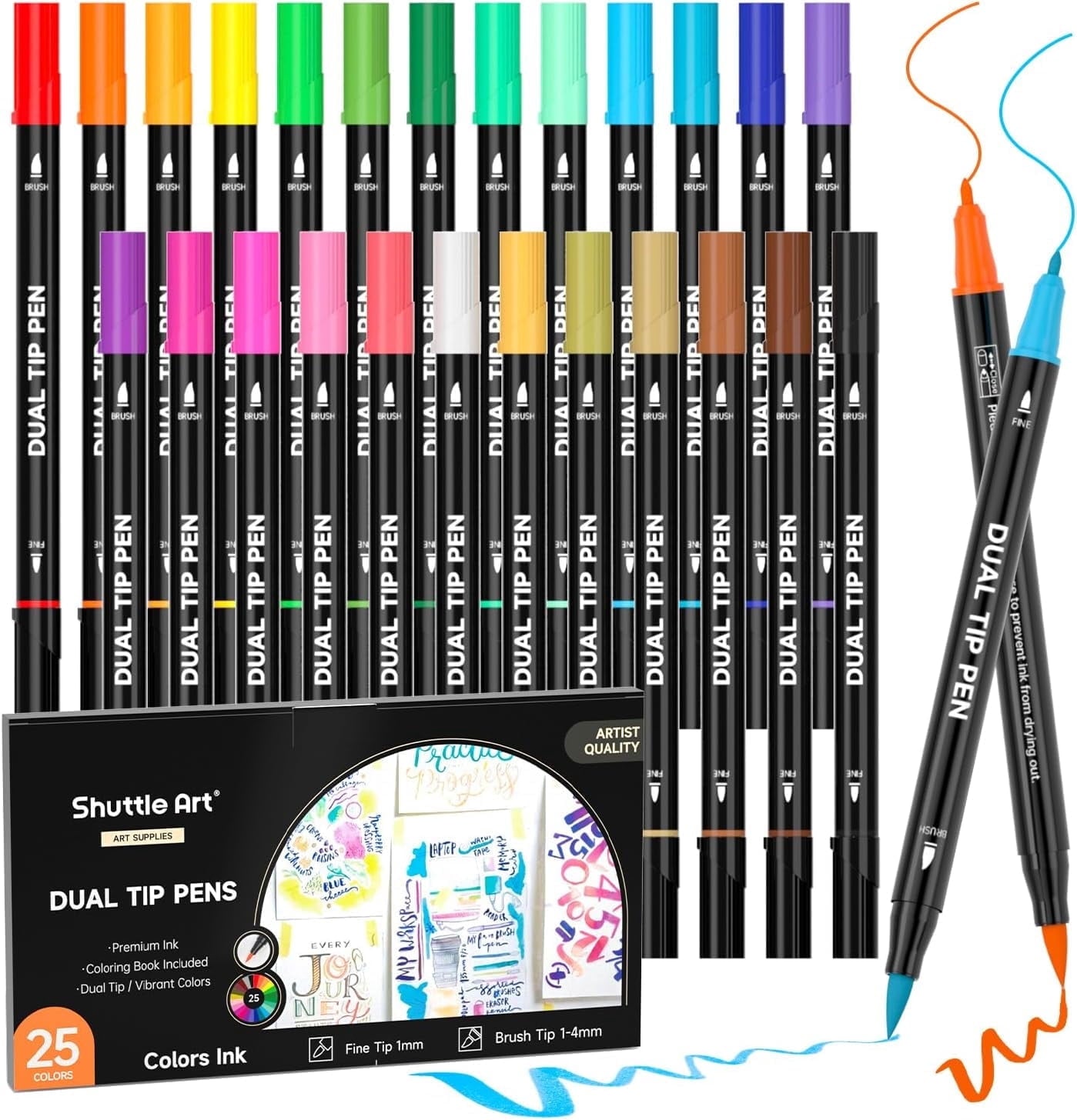 Dual Tip Brush Marker Pens, Shuttle Art 25 Colors Water-based Ink, Fine and Brush Tip Marker Set with 1 Coloring Book for Adult Artist Calli