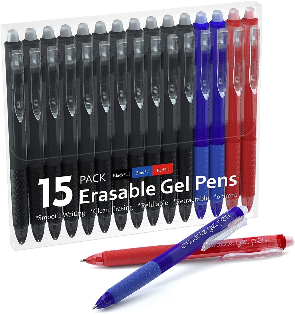 Erasable Gel Pens, 15 Pack Retractable Erasable Pens Clicker, Fine Point, Make Mistakes Disappear, 11 Black 2 Blue 2 Red Inks for Writing Pl