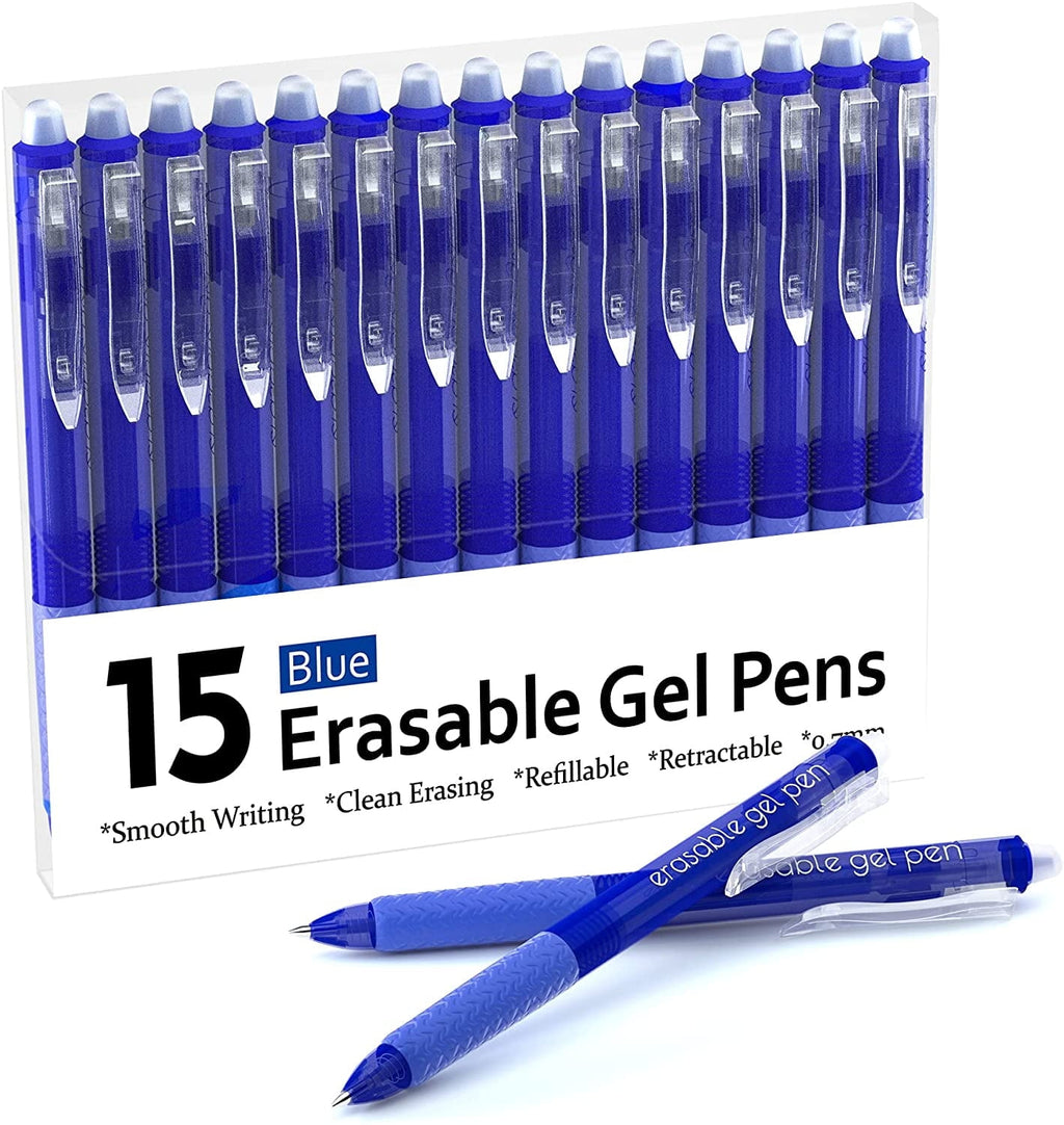Erasable Gel Pens, 15 Pack Blue Retractable Erasable Pens Clicker, Fine Point, Make Mistakes Disappear, Blue Ink for ...