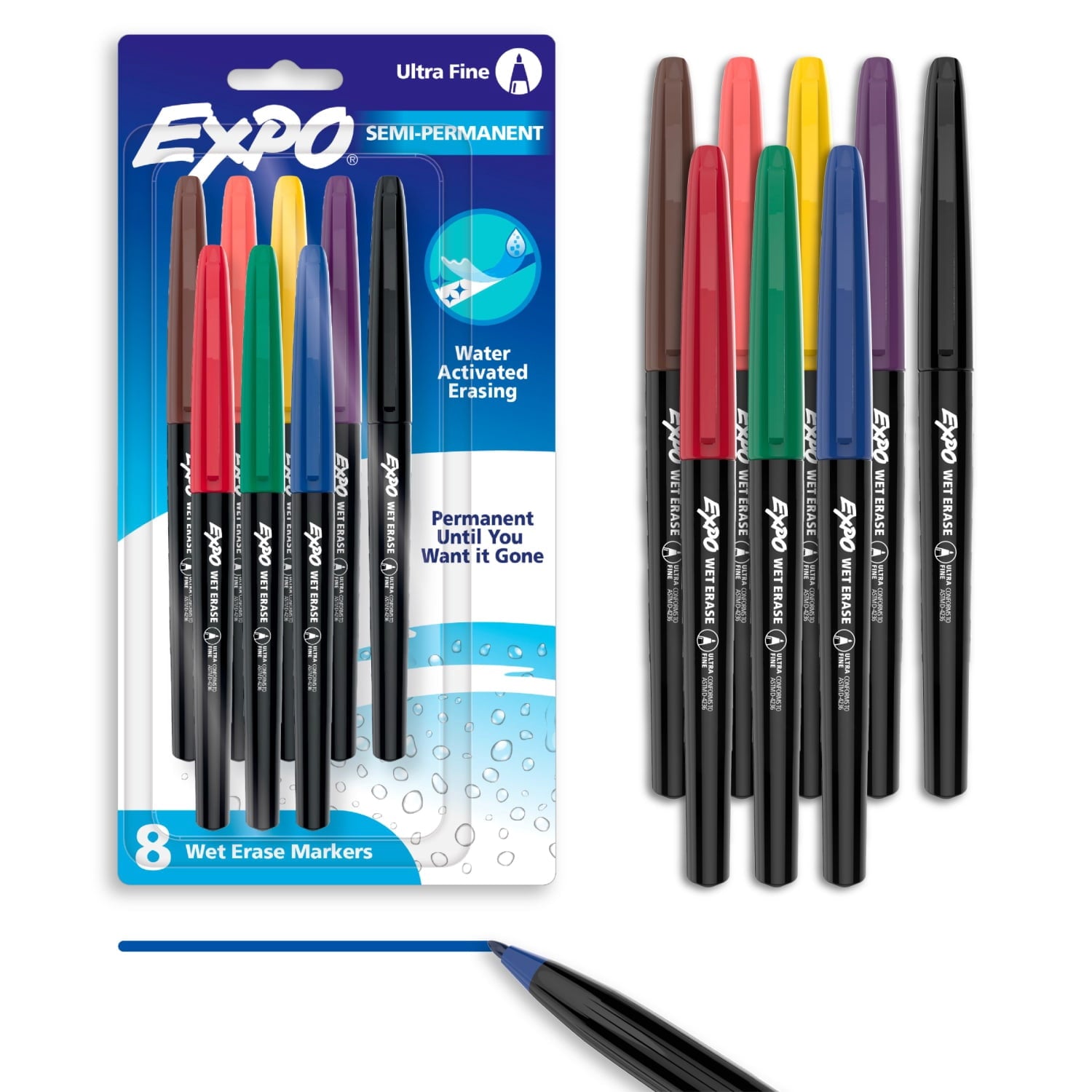 EXPO Wet Erase Markers, Assorted Colors, Ultra Fine Tip, 8 Count