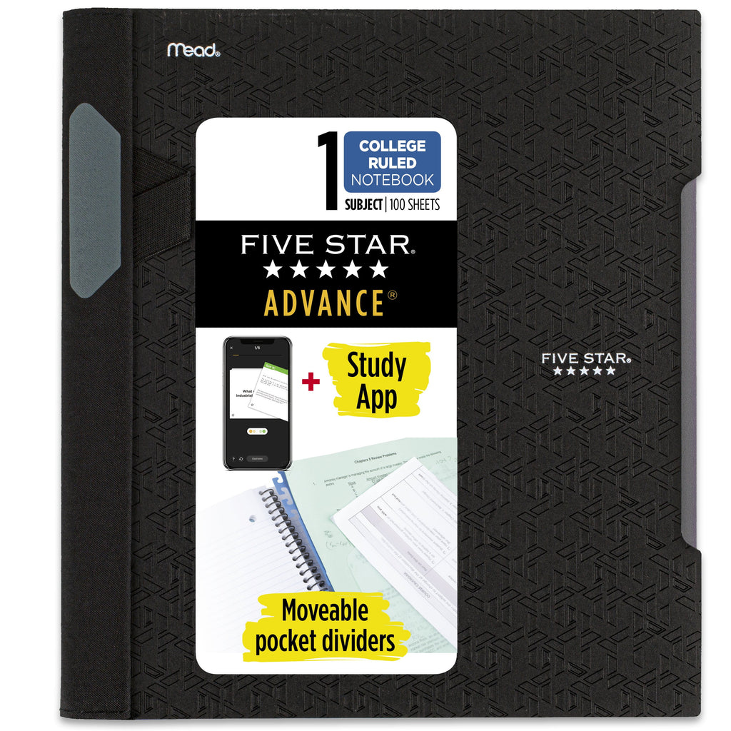 1 Subject College Ruled Notebook Plus Study App, 8.5" x 11", Black, Poly, Spiral, 100 Sheets