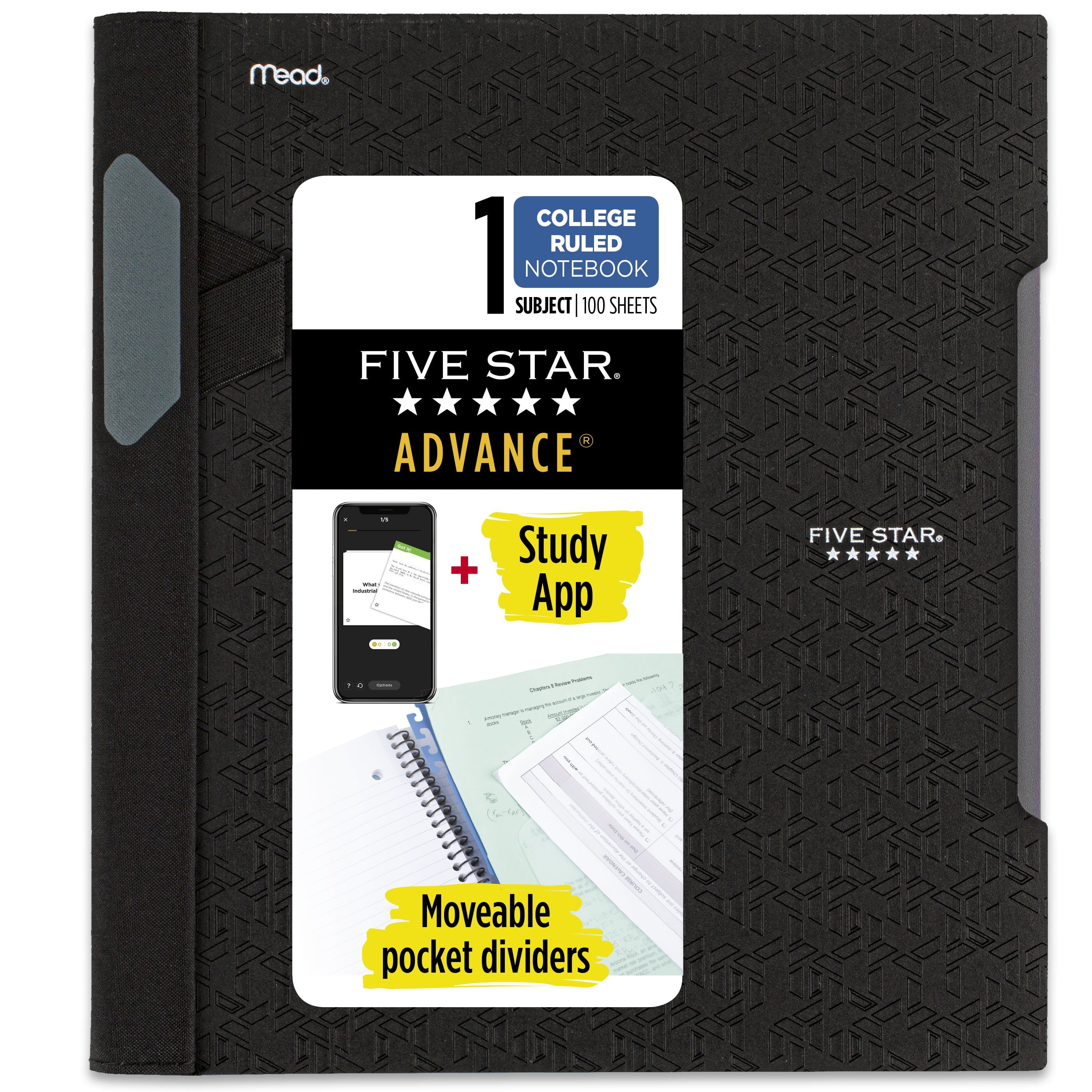 1 Subject College Ruled Notebook Plus Study App, 8.5" x 11", Black, Poly, Spiral, 100 Sheets