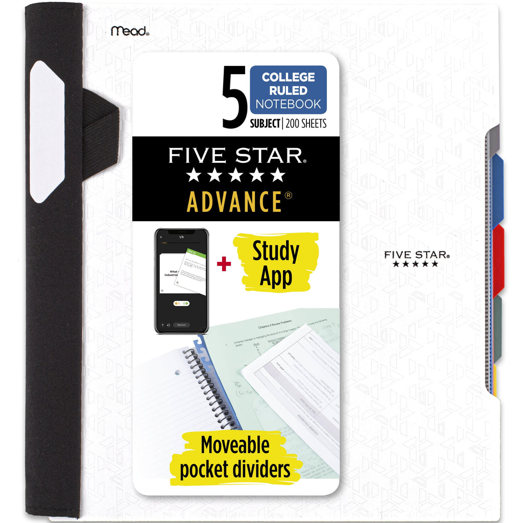 5 Subject College Ruled Notebook Plus Study App, 8.5" x 11", White, Poly, Spiral, 200 Sheets