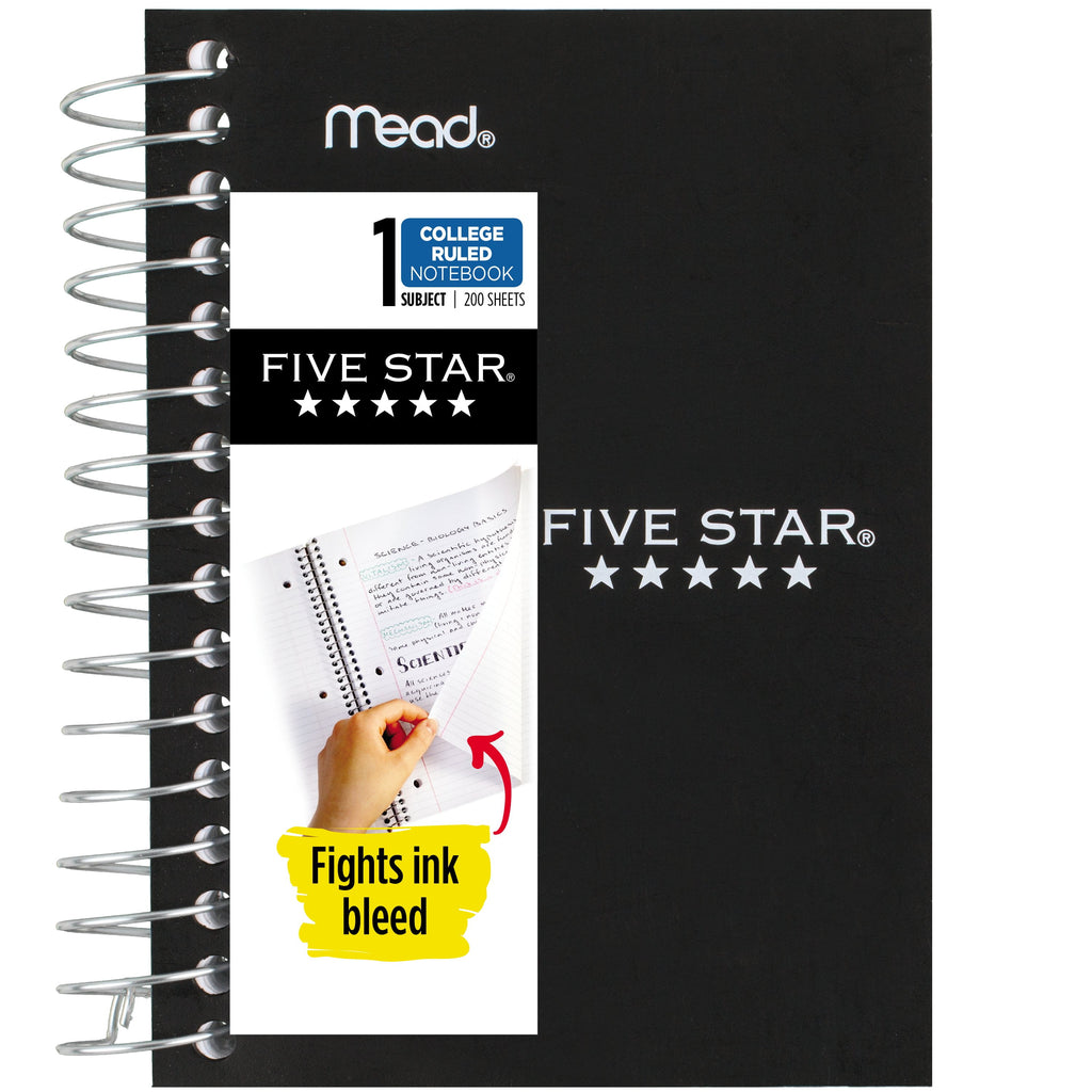 Five Star Fat Lil' Spiral Notebook College Ruled, 3.5" x 5.5", Black, Poly, Spiral, 200 Sheets