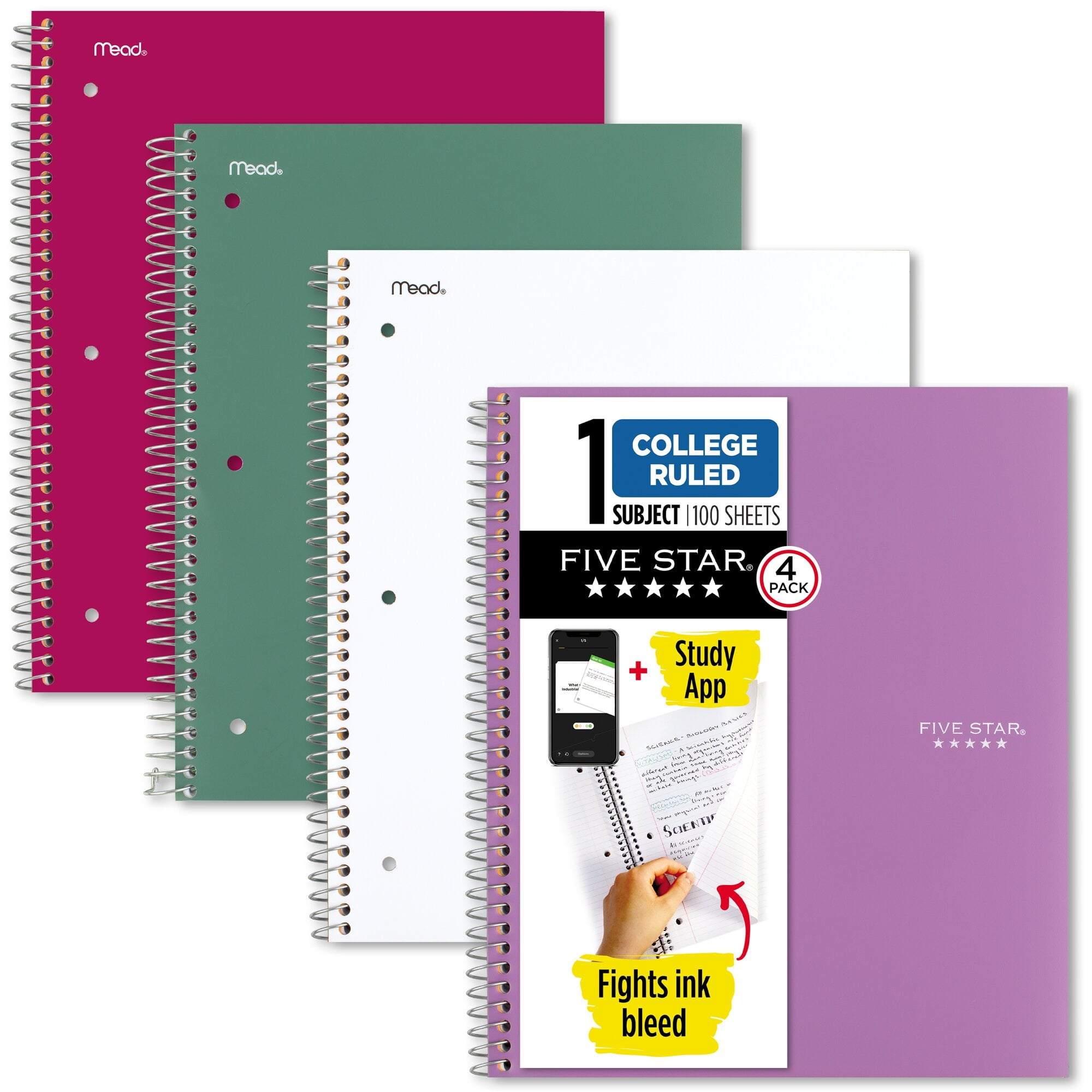 Five Star Spiral Notebook + Study App, 1 Subject, College Ruled, 8.5" x 11", 4 Pack