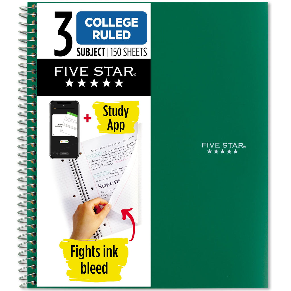 Five Star Spiral Notebook + Study App, 3 Subject, College Ruled, 8.5" x 11"