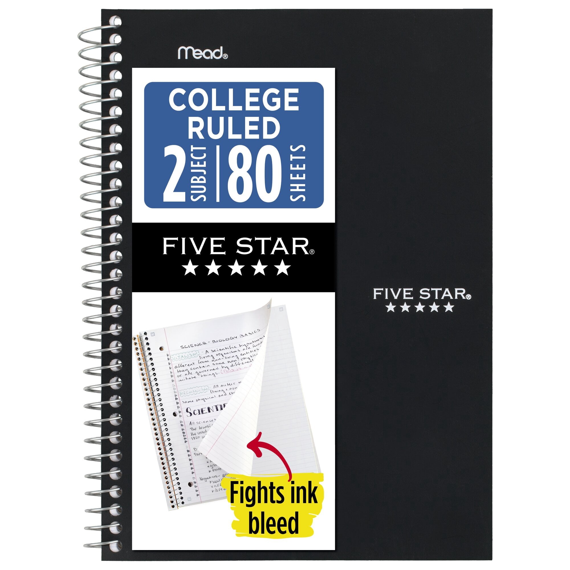 Five Star Spiral Notebook, 2 Subject, College Ruled, 6" x 9.5", Black