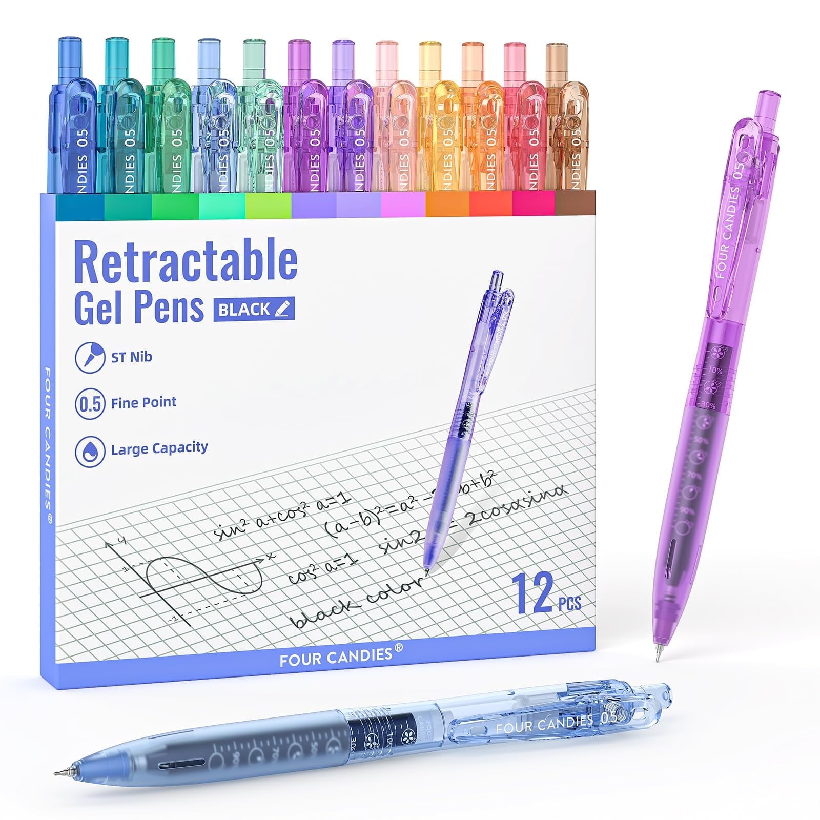Four Candies 12Pack 0.5mm Black Ink Quick Dry Retractable Gel Pen Set, Cute Transparent Pastel Fine Point Note Taking Aesthetic lnk Pens, Co