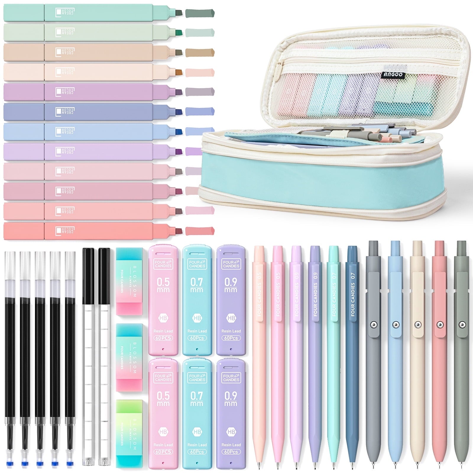 39 PCS Aesthetic Supplies, 12 Pastel Highlighters, 5 Black Ink Gel Pens, 6 Mechanical Pencils Set 0.5 & 0.7mm for Sta...