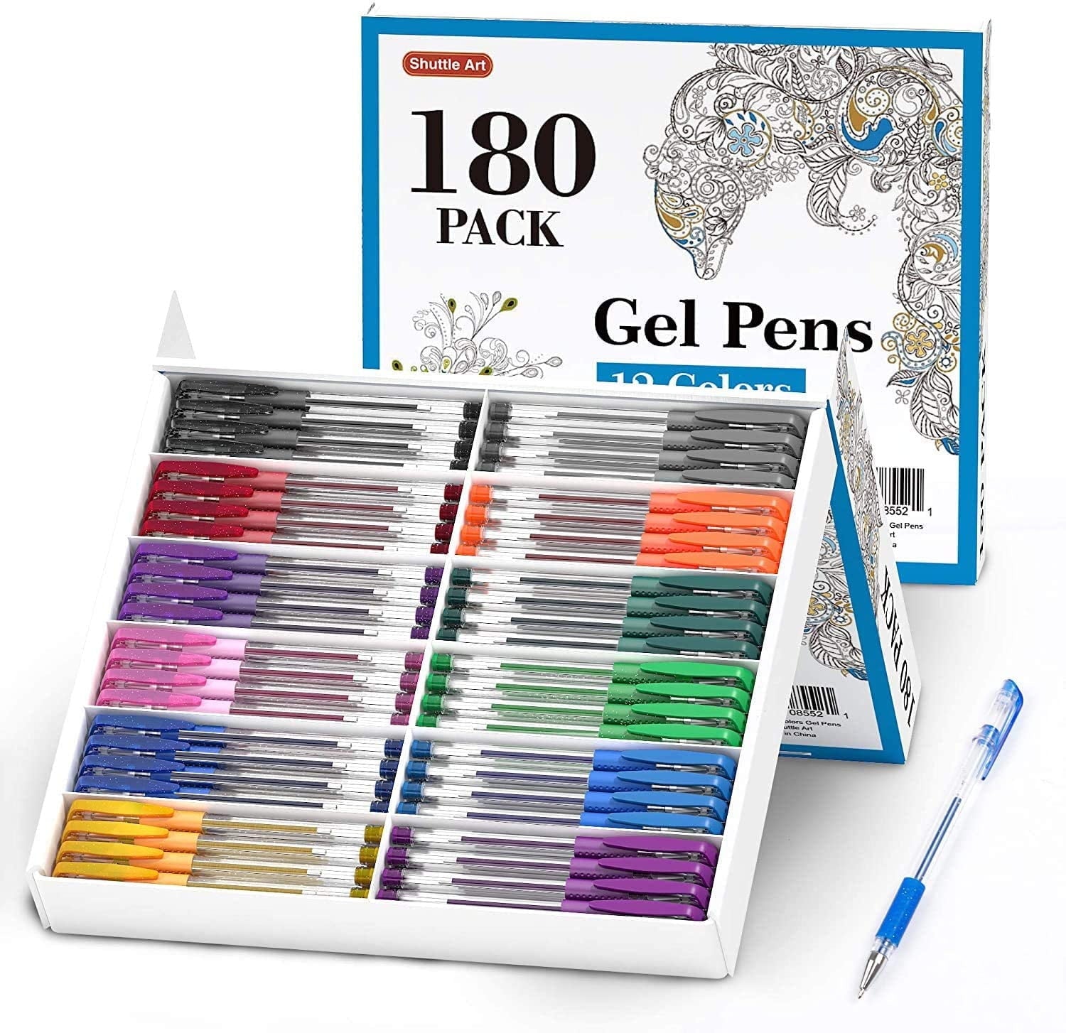 Gel Pens, Shuttle Art 180 Pack Gel Pens Set, 12 Assorted Colors Bulk Classroom Pack for Adults Coloring Books Drawing Doodling Crafts Journa