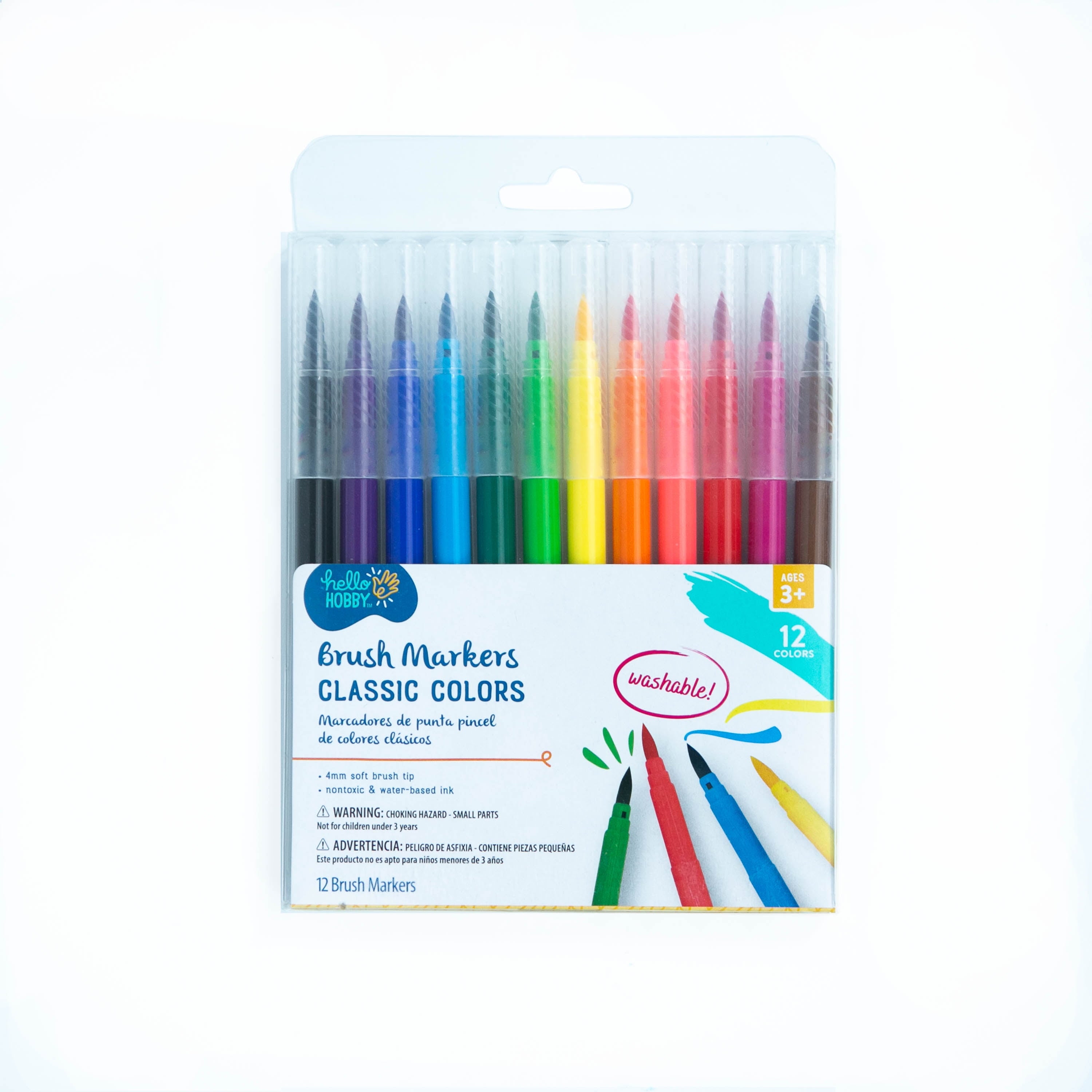 Brush Markers with Washable Ink, Bullet Tip, Assorted Classic Colors, 12 Pieces