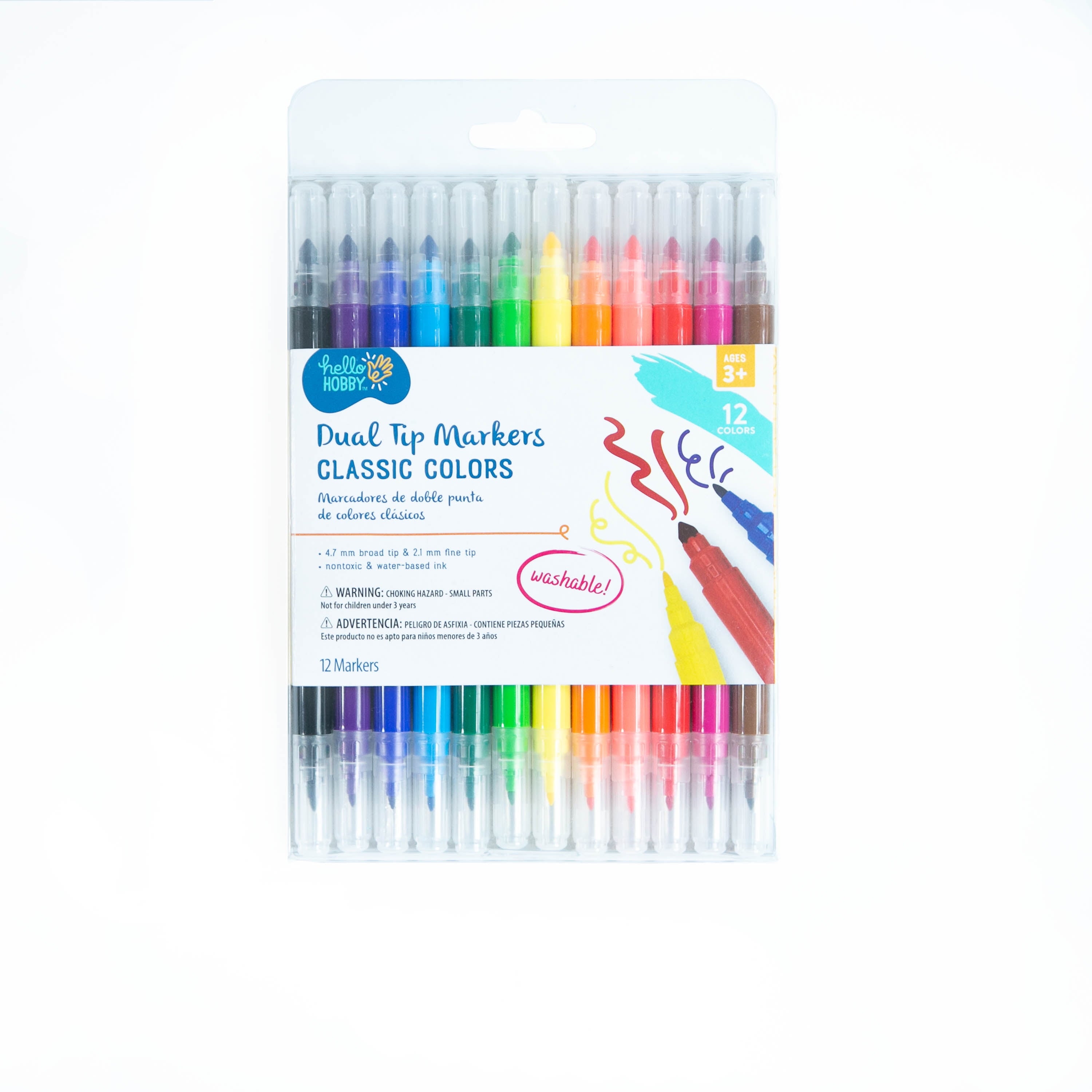 Washable Dual Tip Markers, Brush and Fine Tips, Assorted Classic Colors, 12 Count