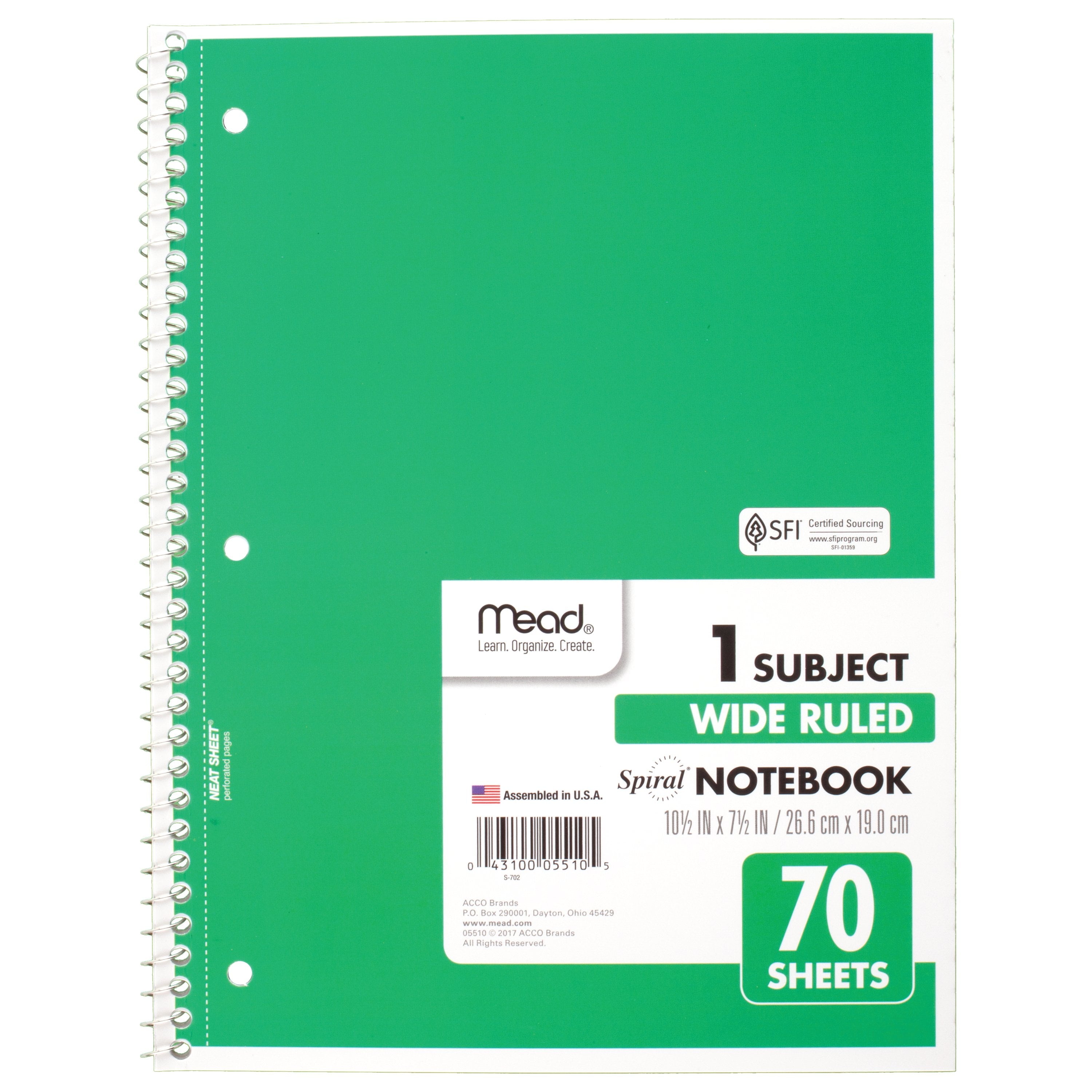 Spiral Notebook, 1 Subject, Wide Ruled, 70 Sheets, Assorted (05510)