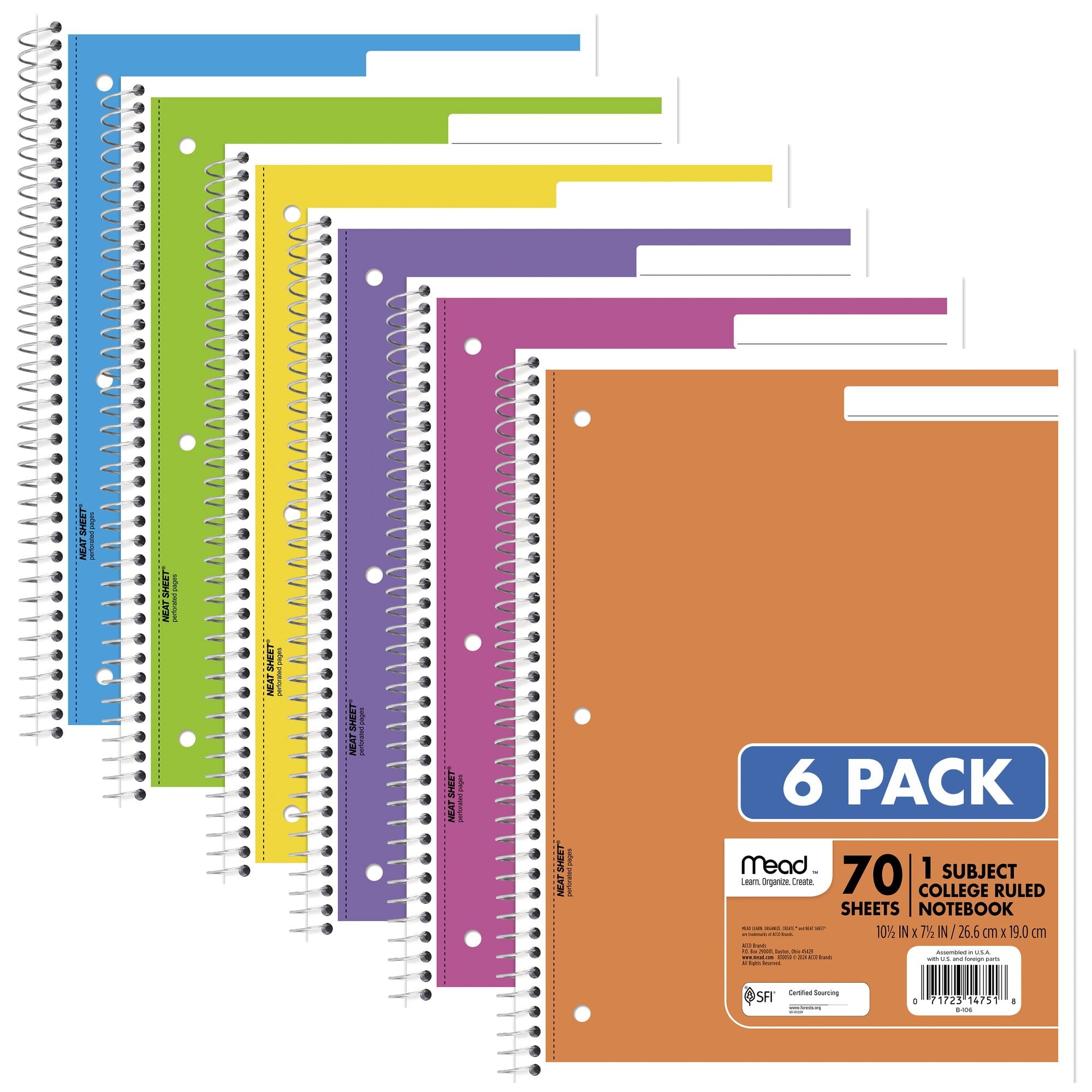 1 Subject, College Ruled, 8" x 10.5", 70 Sheets, 6 Pack