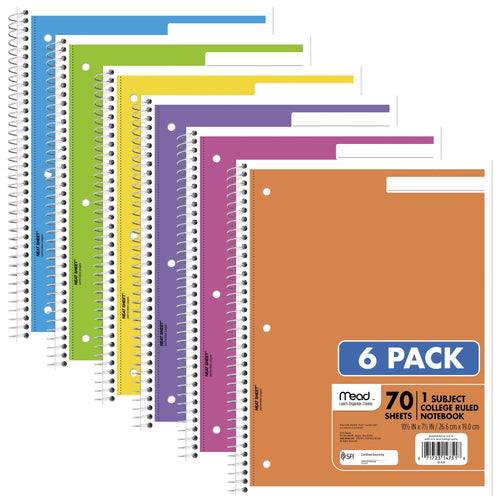 1 Subject, College Ruled, 8" x 10.5", 70 Sheets, 6 Pack