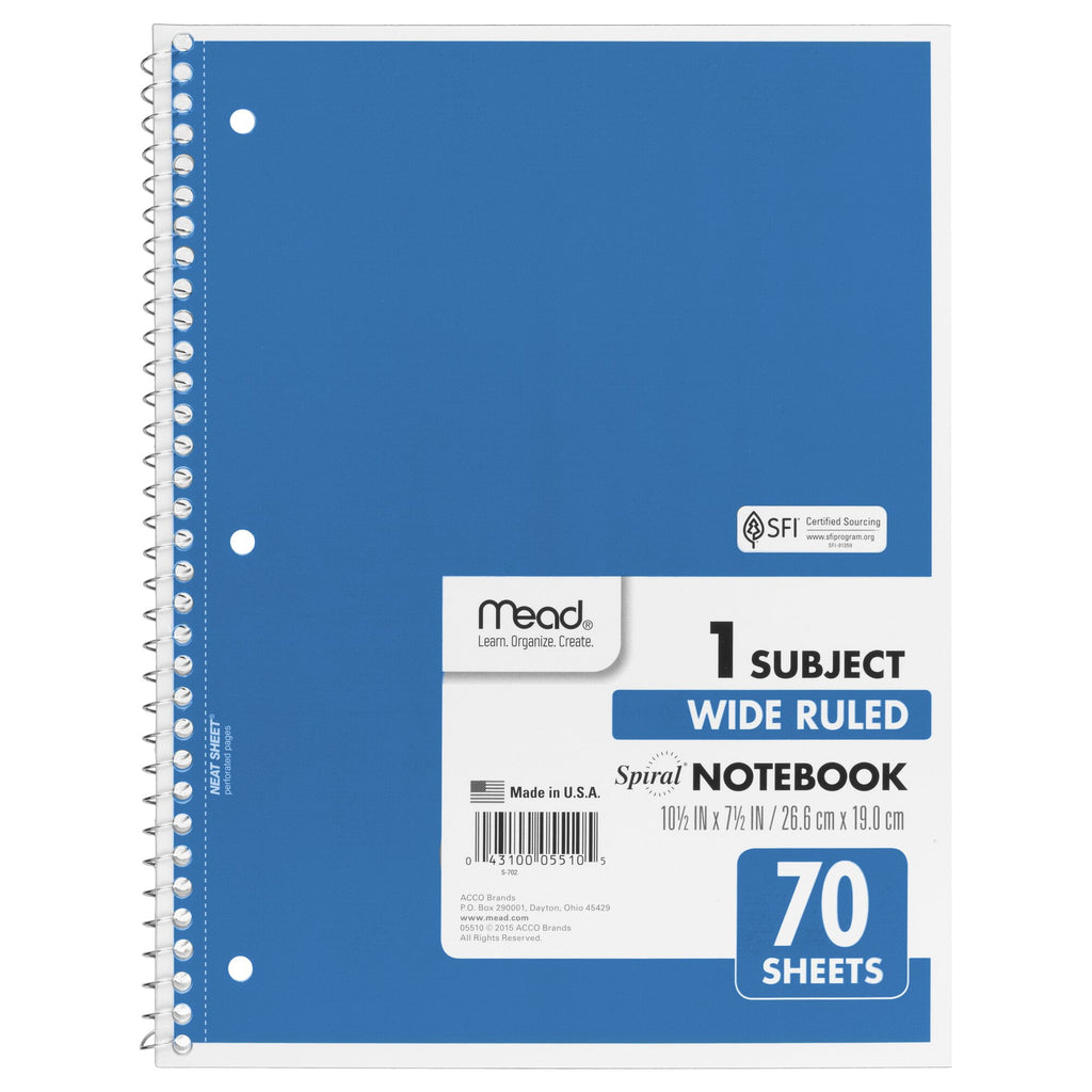 Spiral Notebook, 1 Subject, Wide Ruled, 10.5" x 7.5", 70 Sheets, 24 Pack, Assorted