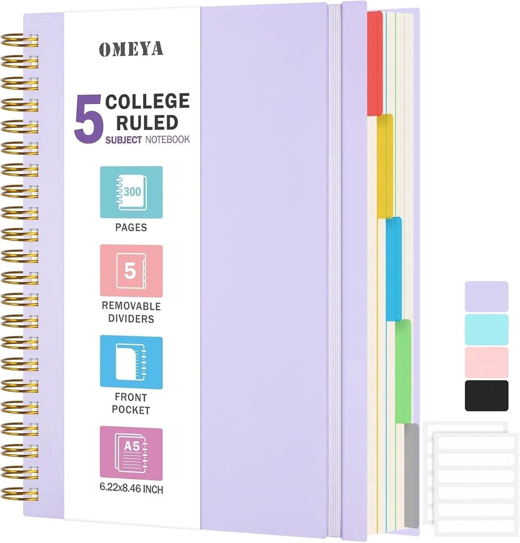 OMEYA 5 Subject Notebooks College Ruled, Spiral Notebook with Dividers, 300 Pages 100GSM Thick Spiral Writing Journal for Women & Men, Lined