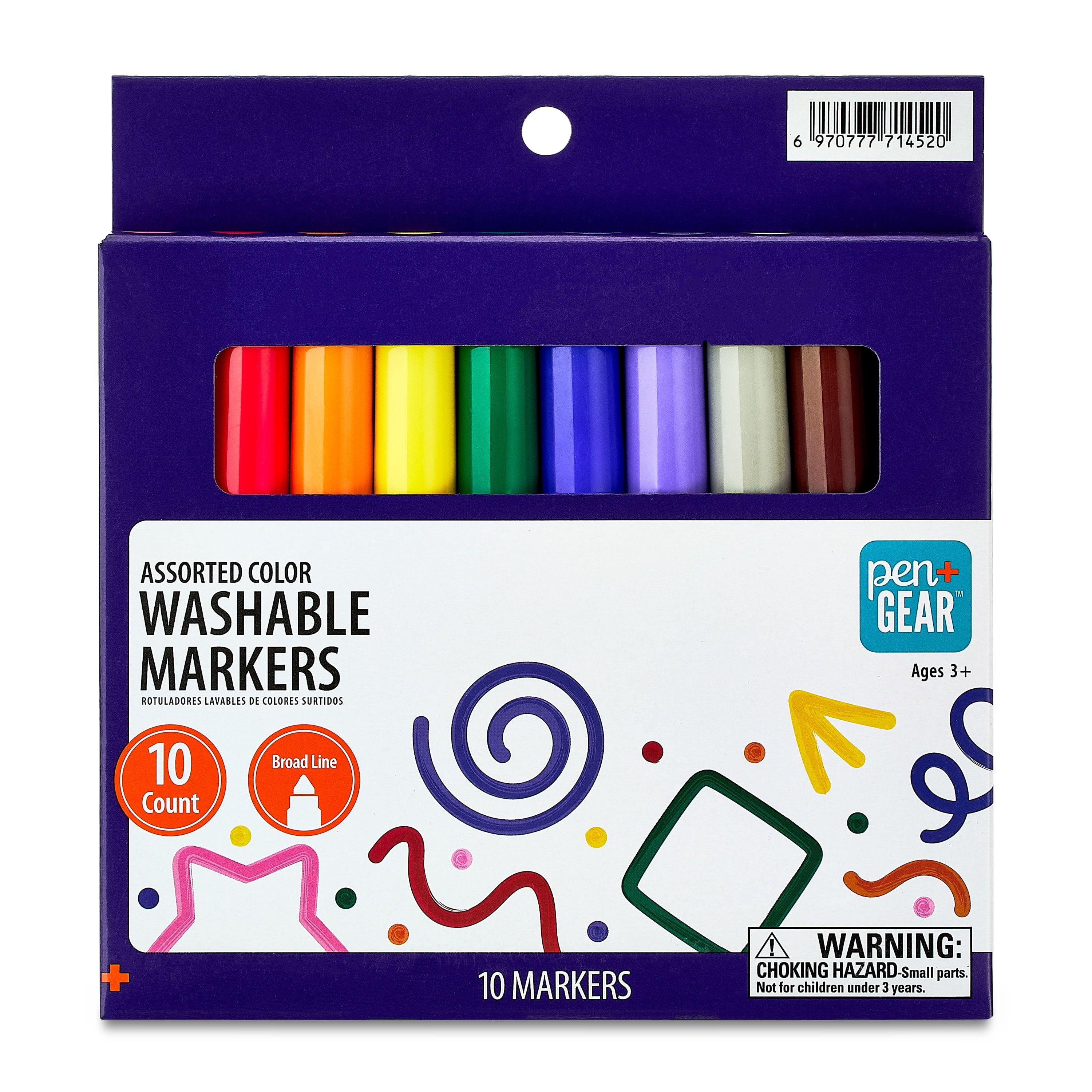 Washable Markers, Broad Tip, Assorted Colors, 10 Count