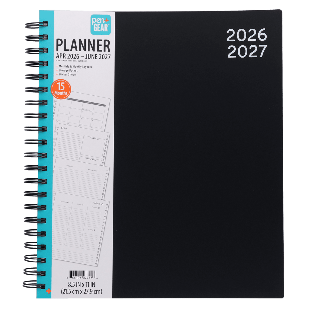 15-Month Weekly Planner, 8.5" x 11", Black, April 2026-June 2027