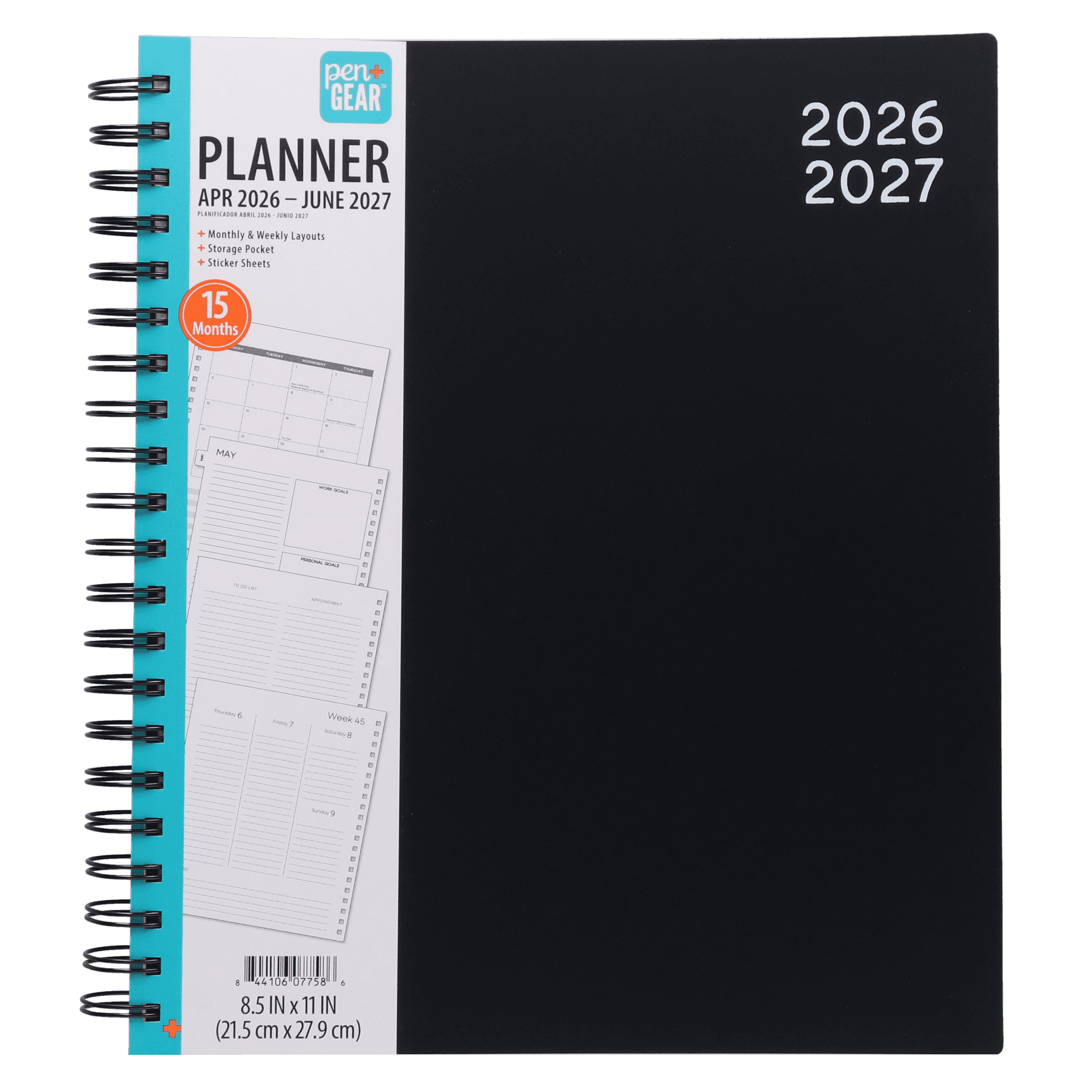 15-Month Weekly Planner, 8.5" x 11", Black, April 2026-June 2027