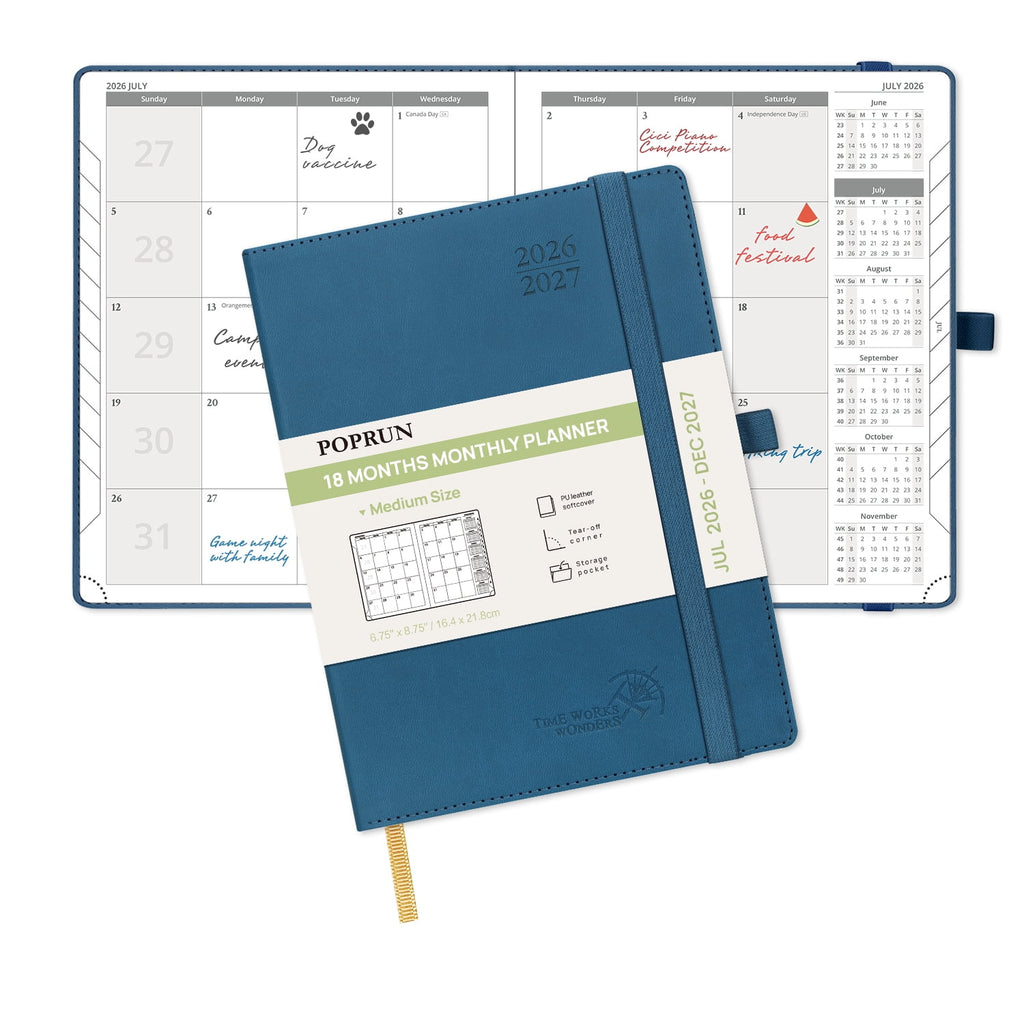 POPRUN Monthly Planner 2026-2027, 6.5"x8.5", 18-Month Calendar Book Academic Year (Jul.26-Dec.27) with Monthly Tabs, Flexible Soft Cover, 10
