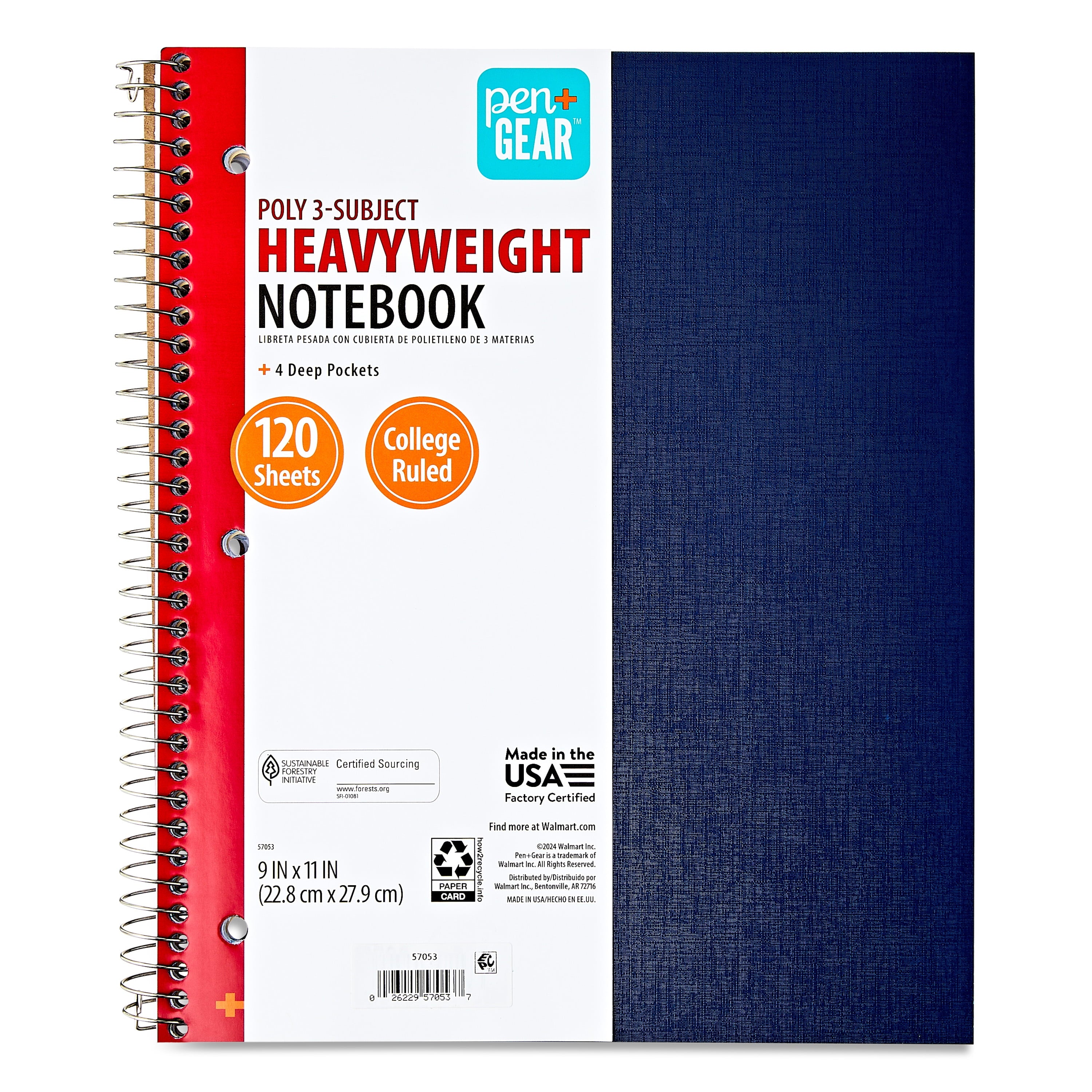 College Ruled 3-Subject Poly Notebook, Blue Sapphire, 9" x 11", 120 Sheets
