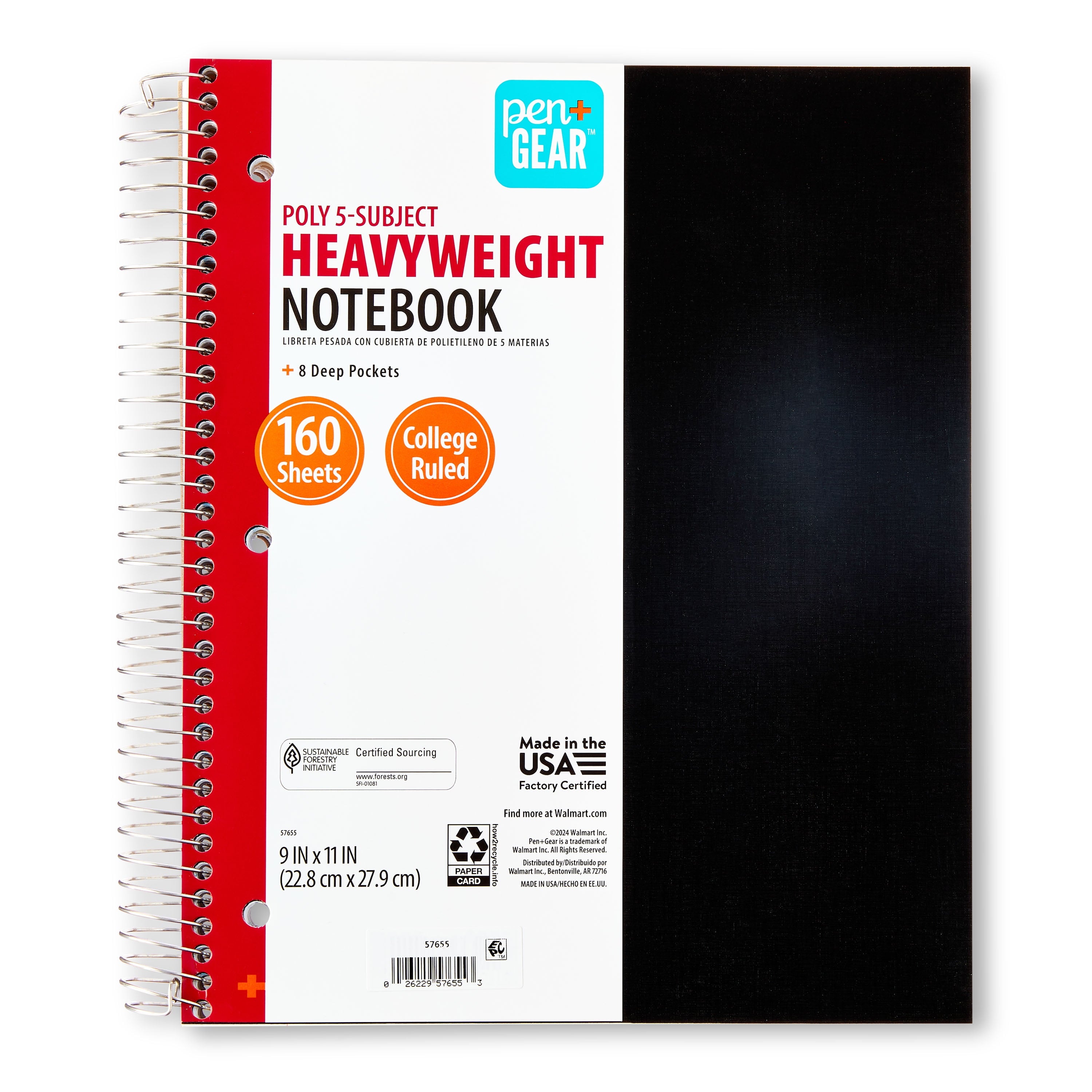College Ruled 5-Subject Poly Notebook, 9" x 11", Black, 160 Sheets