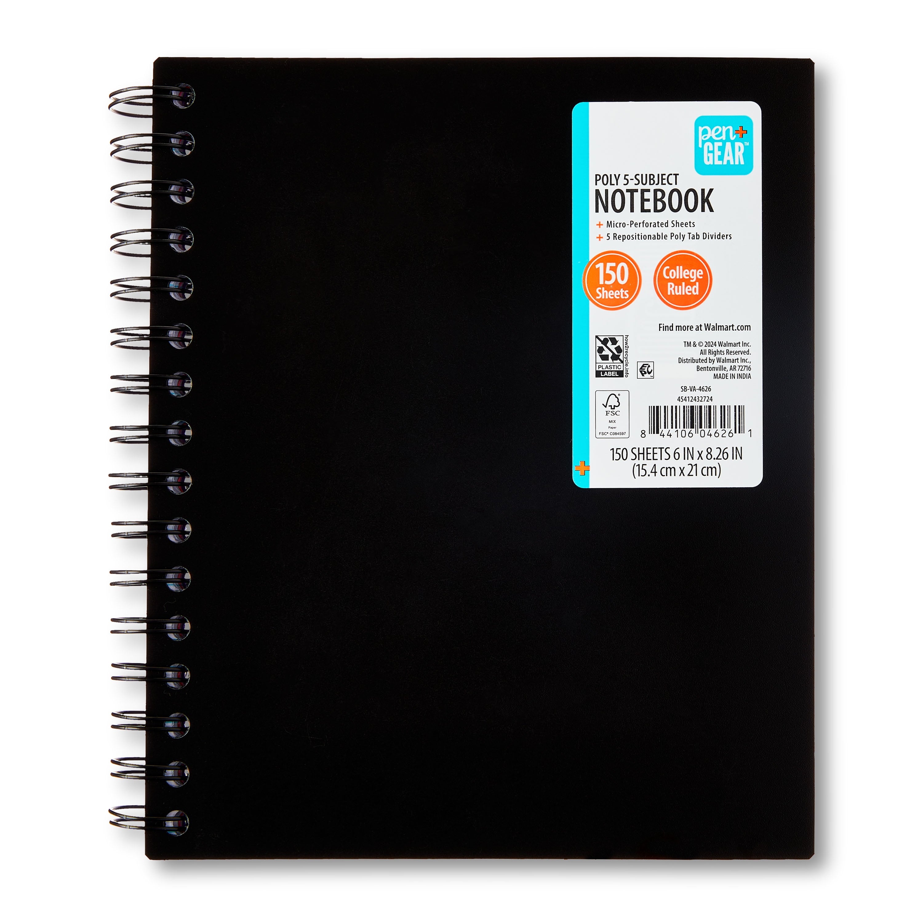 College Ruled 5-Subject Poly Notebook, 6" x 8.26", Black, 150 Sheets