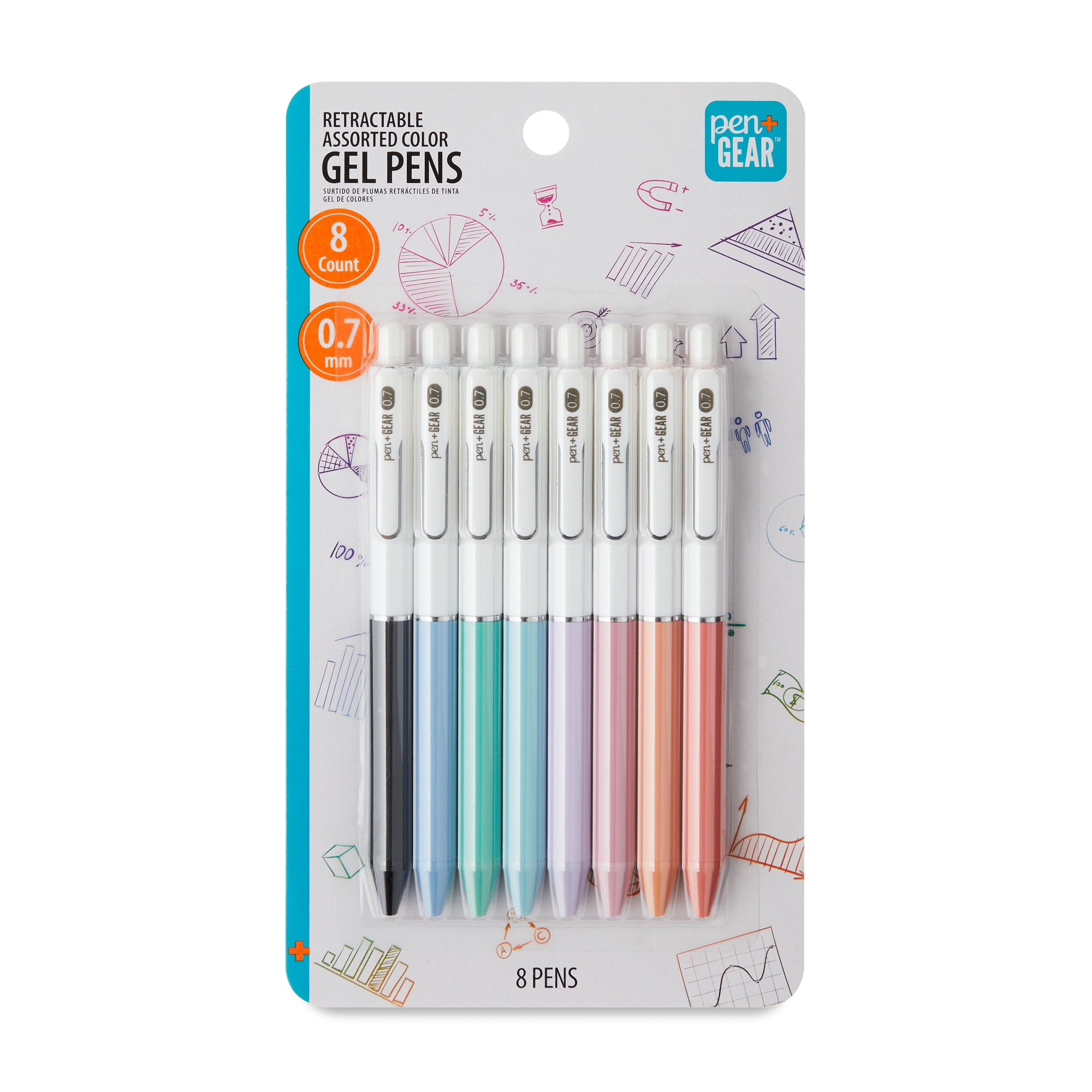 Retractable Gel Pen, Medium Point, 0.7 mm, Assorted Colors, 8 Count