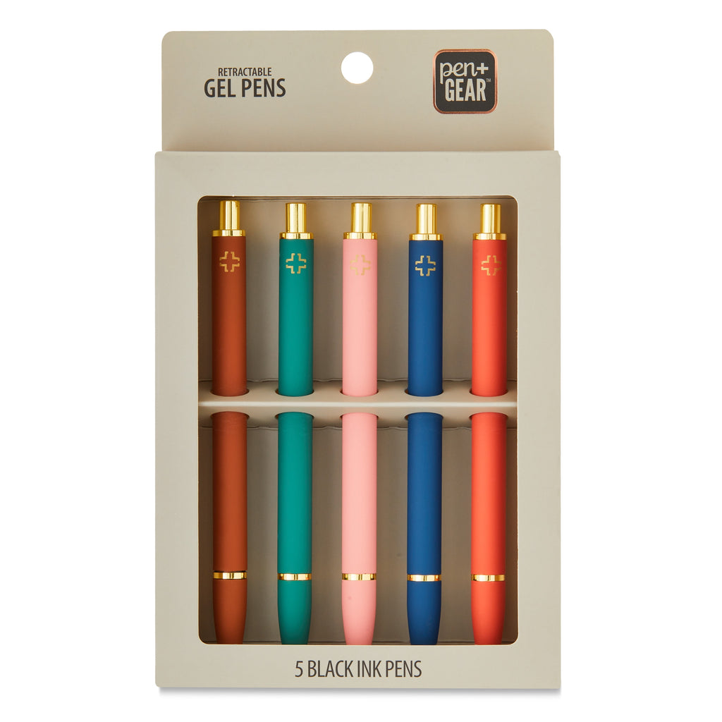 Retractable Gel Pens, Medium Point, 0.7 mm, Black Ink, 5 Count