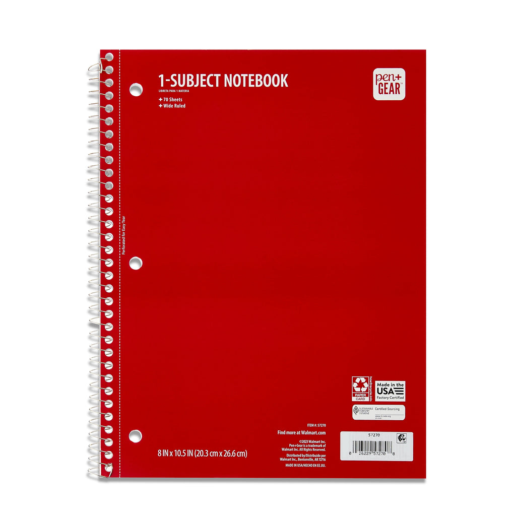 Pen+Gear Wide Rule 1 Subject Notebook, 8” x 10.5”, Red, 70 Sheets, New