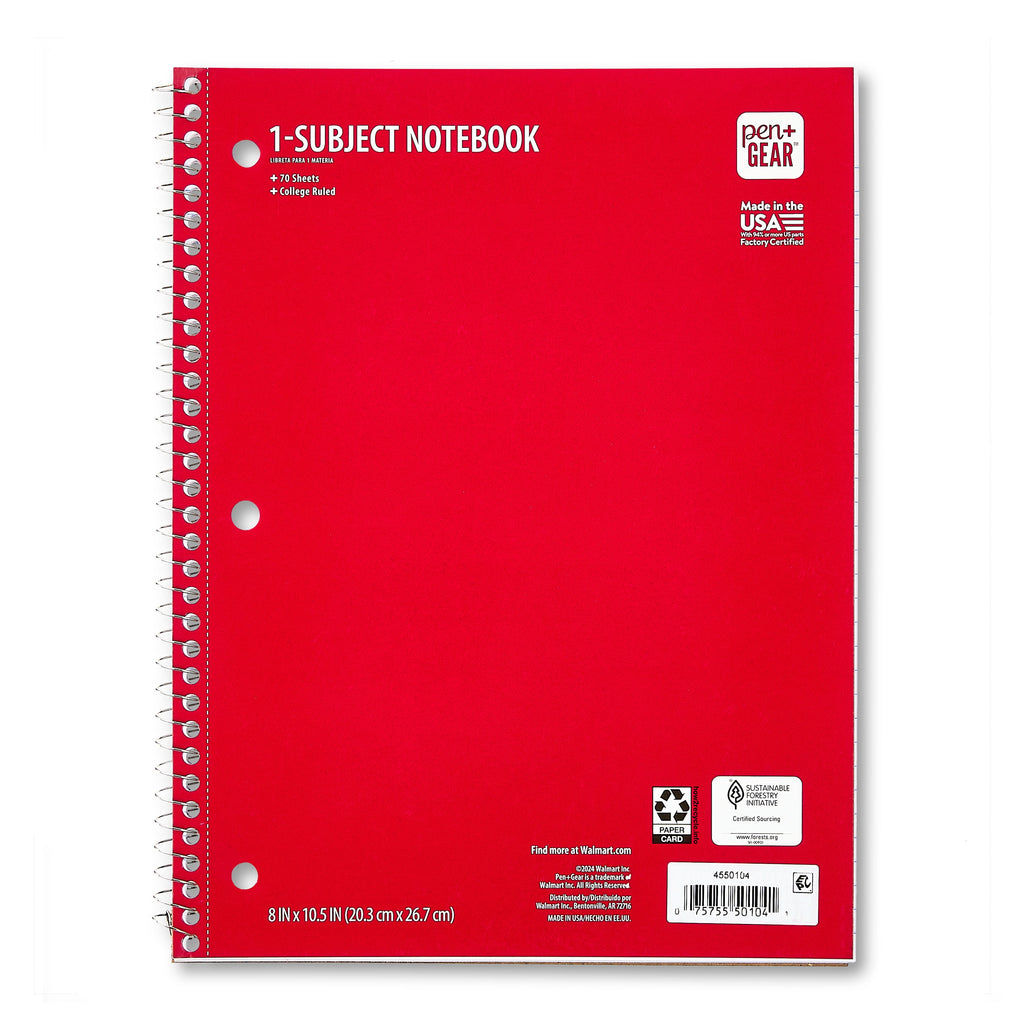 1-Subject Notebook, 8" x 10.5", Red, 70 Sheets