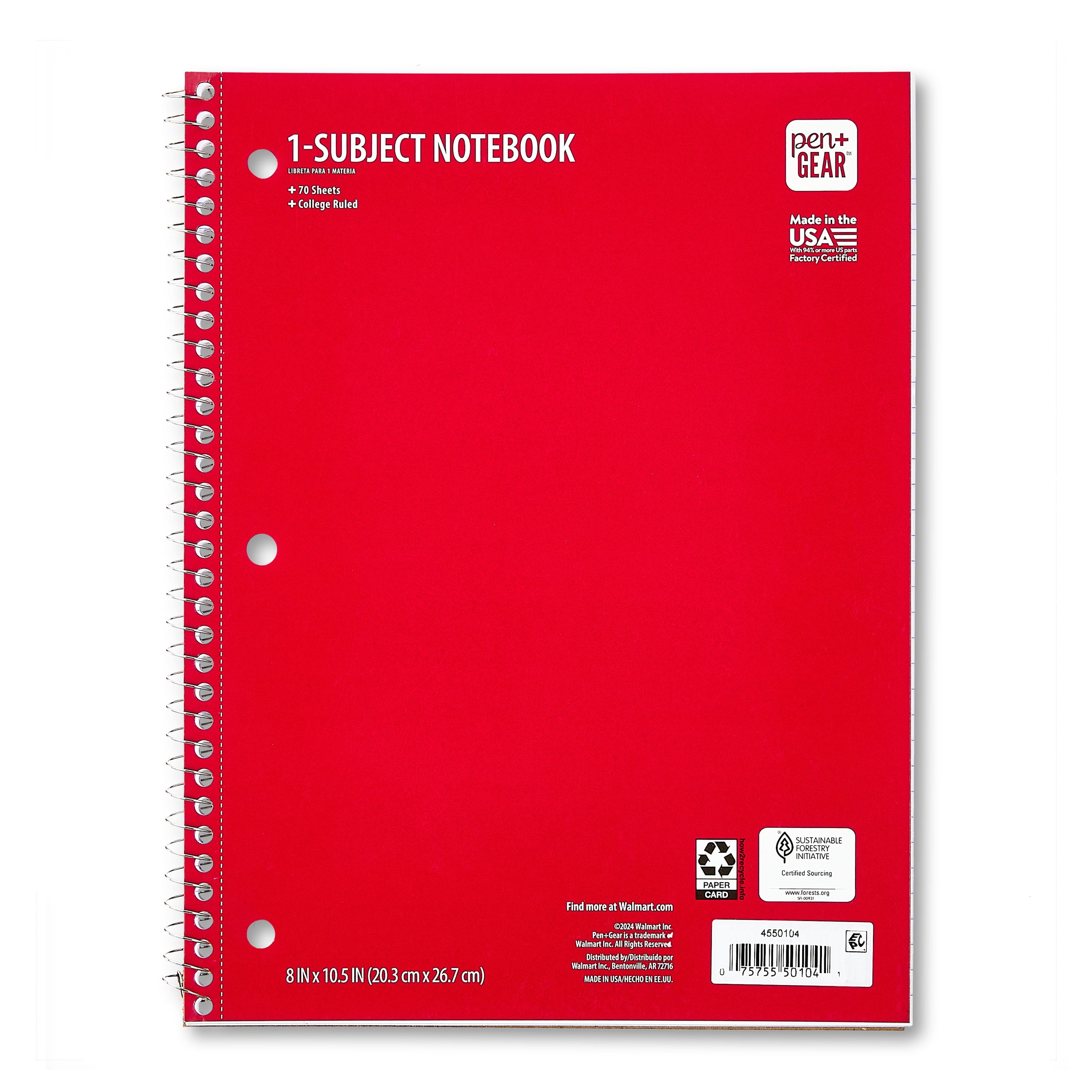 1-Subject Notebook, 8" x 10.5", Red, 70 Sheets