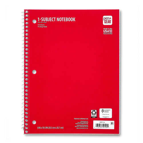 1-Subject Notebook, 8" x 10.5", Red, 70 Sheets