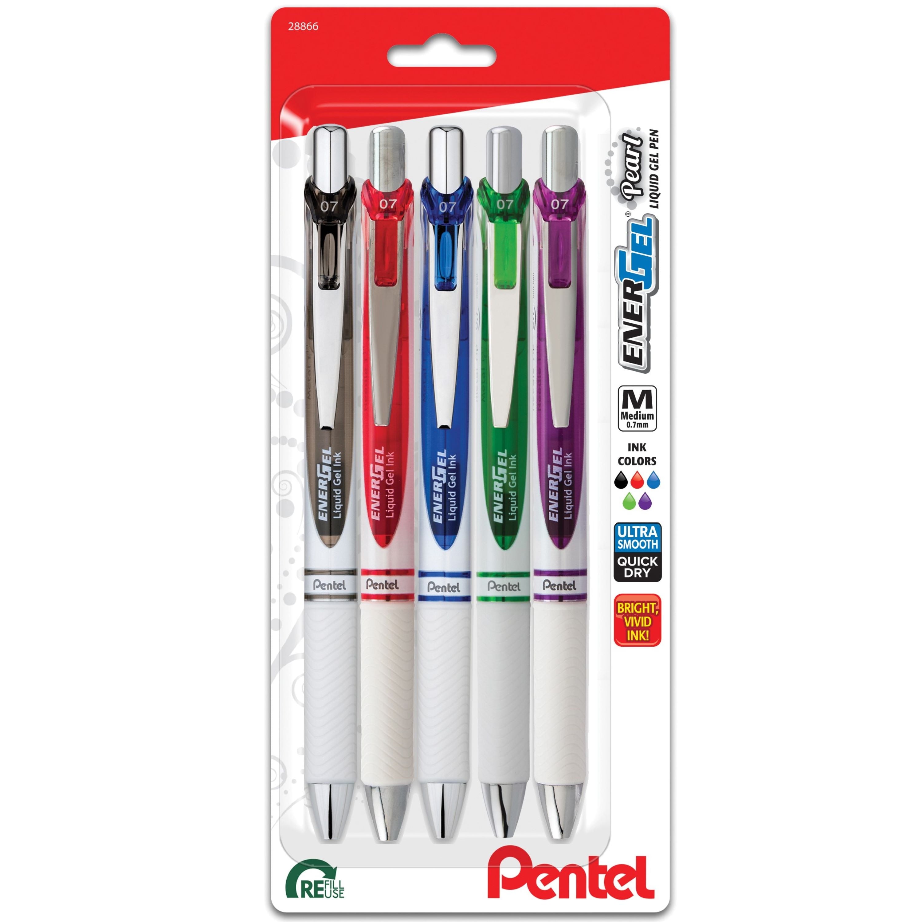 EnerGel Pearl RTX Gel Ink Pens, Medium Point, 0.7mm, Assorted Ink, Pack of 5 Pens