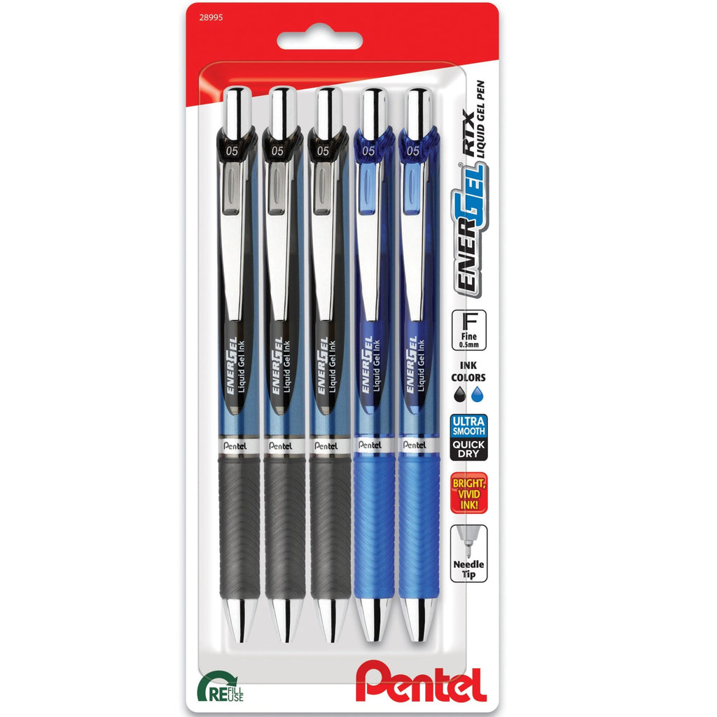 EnerGel RTX Liquid Ink Gel Pens, 0.5mm Fine Point, Black and Blue Ink Colors, Pack of 5 Pens