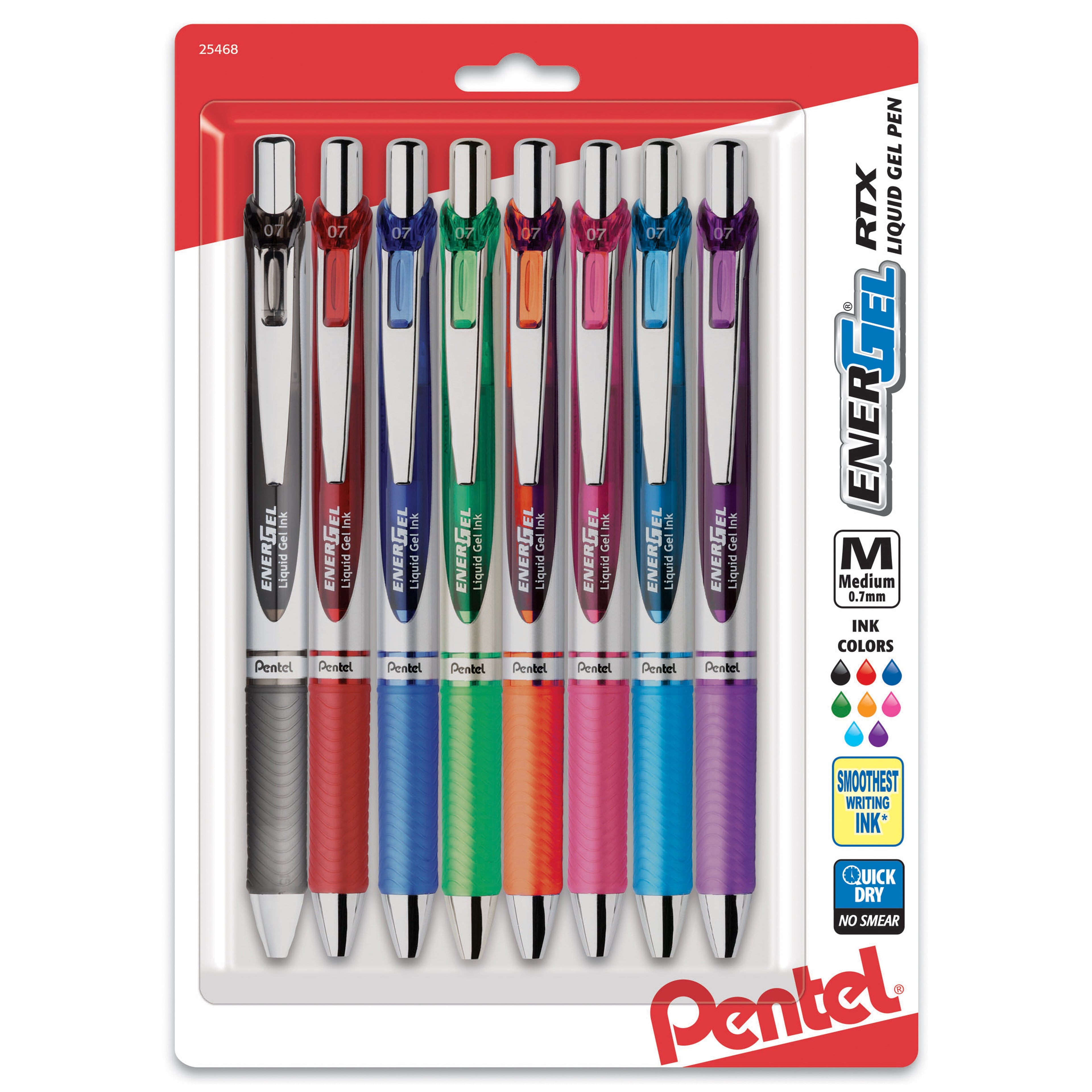 EnerGel RTX Retractable Liquid Gel Pen, Medium Line, Metal Tip, Assorted Ink, 8-Pack