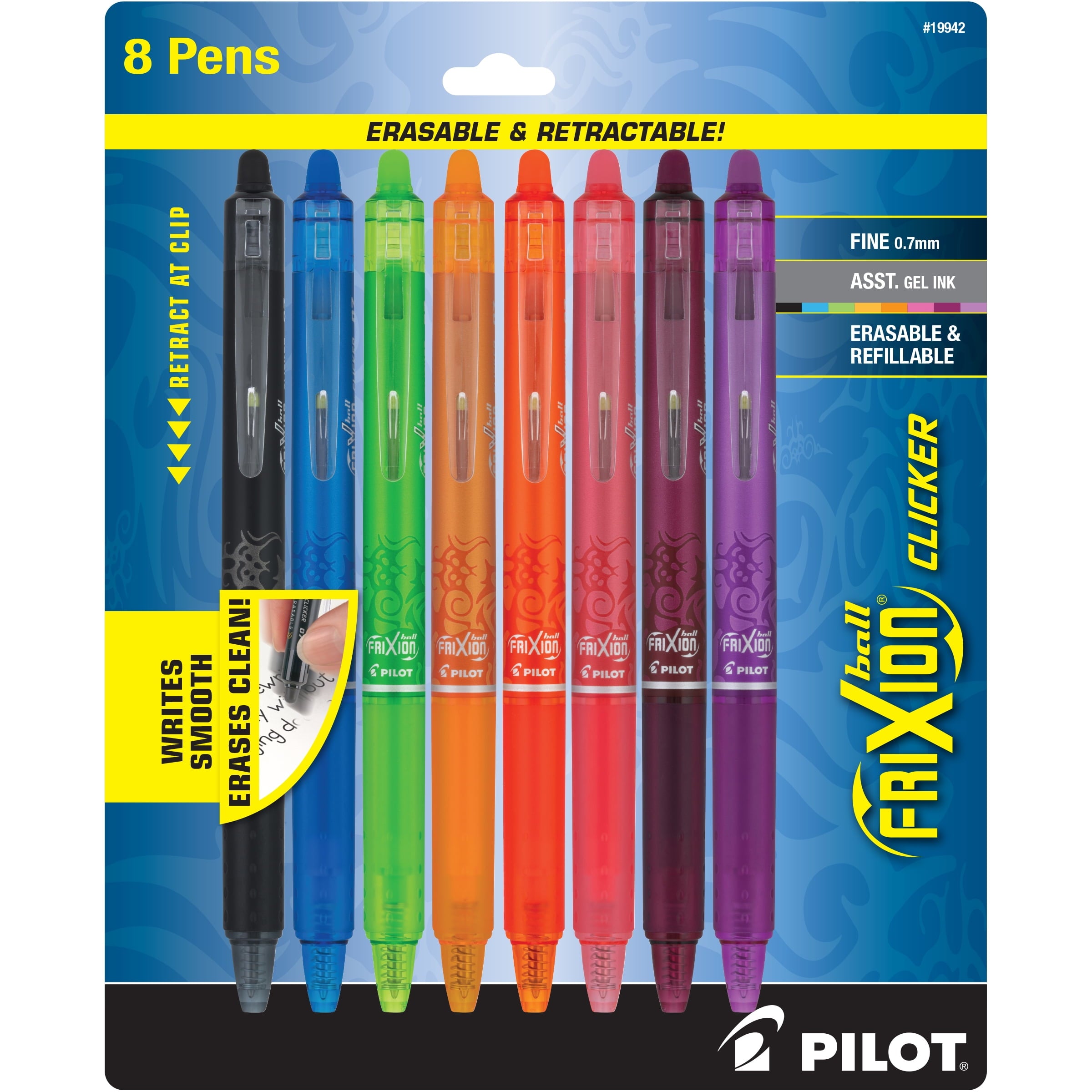 FriXion Clicker Erasable Gel Ink Pens, Fine Point, 0.7mm, Assorted Ink, 8 Count