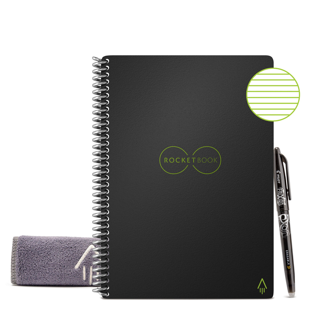 Core Smart Reusable Spiral Notebook, Black, 6" x 8.8", Lined