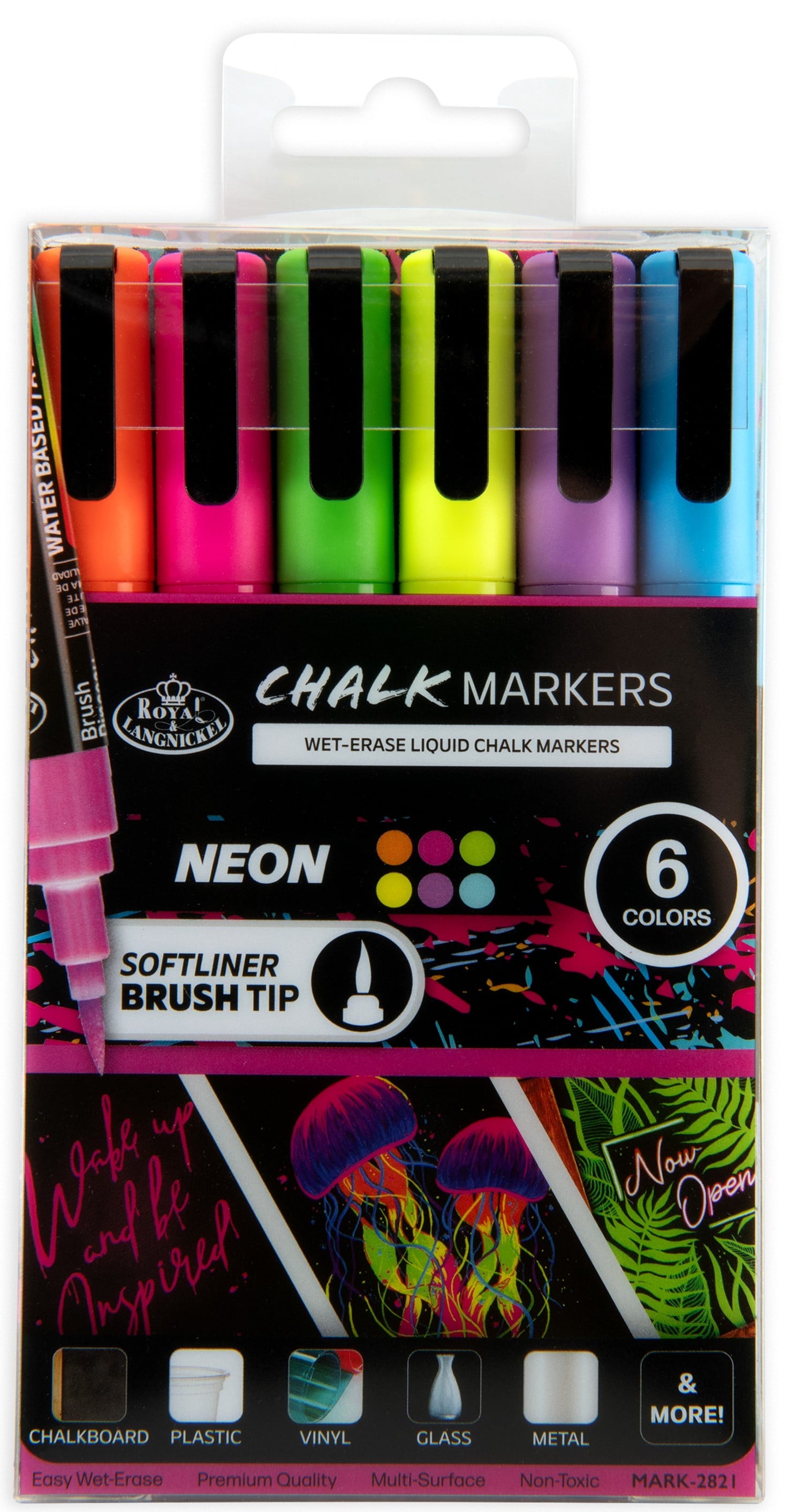6pc Artist Chalk Markers with Brush Tips, Neon Colors