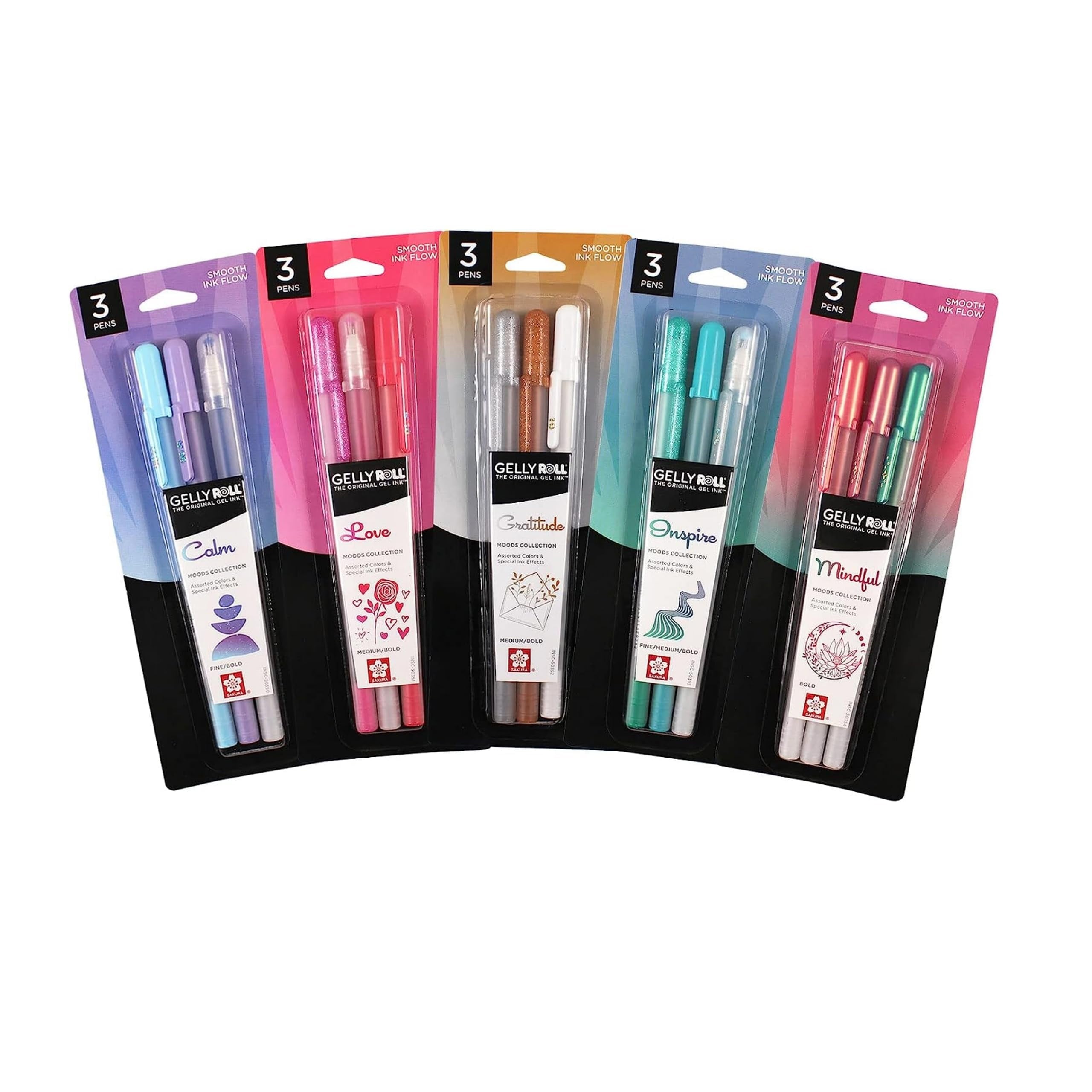 Moods Five Giftable 3 Pk Sets: Calm, Love, Gratitude, Inspire & Mindful, 15 Gel Pens
