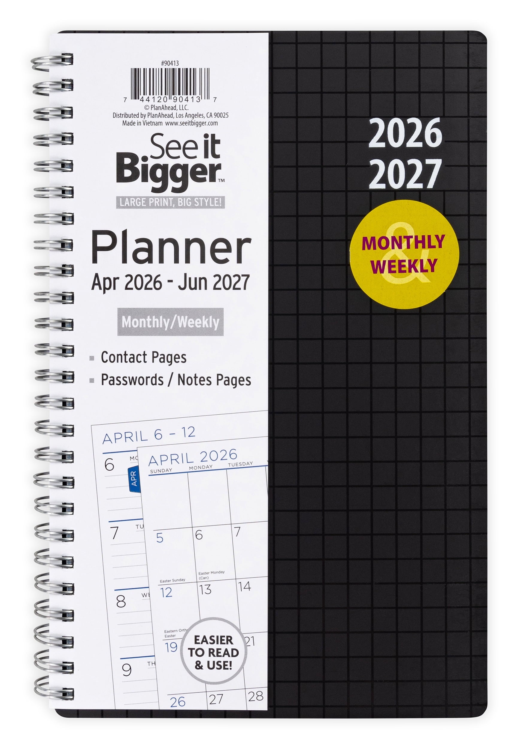 M/W Planner, Medium (5.5" x 8.75"), Black, 15-Month: Apr 2026 - Jun 2027