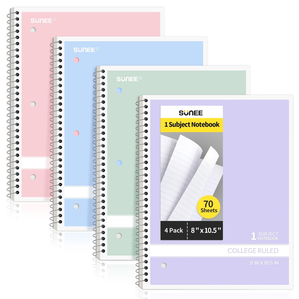 SUNEE College Ruled Spiral Notebook, Thick Durable 1-Subject notebook,8 x 10.5 Inches, 70 Sheets, 4 Packs