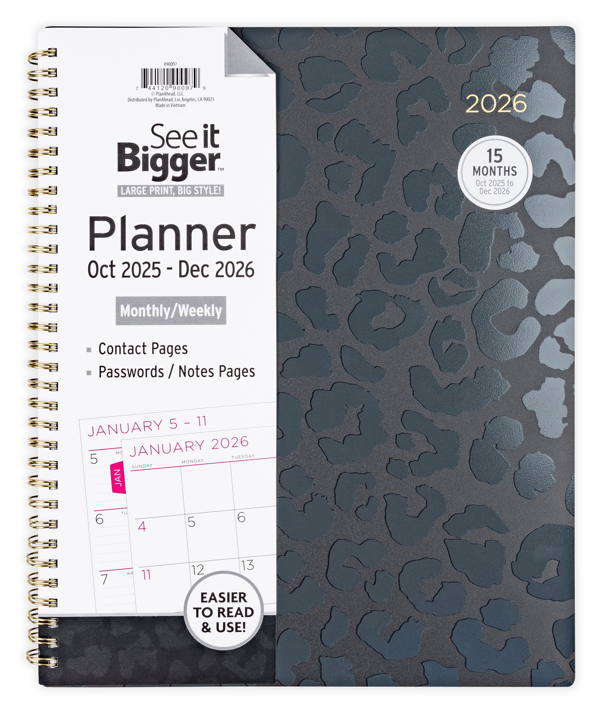 Monthly Weekly Planner Large (8.5" x 11") Black 15-Month Oct 2025-Dec 2026