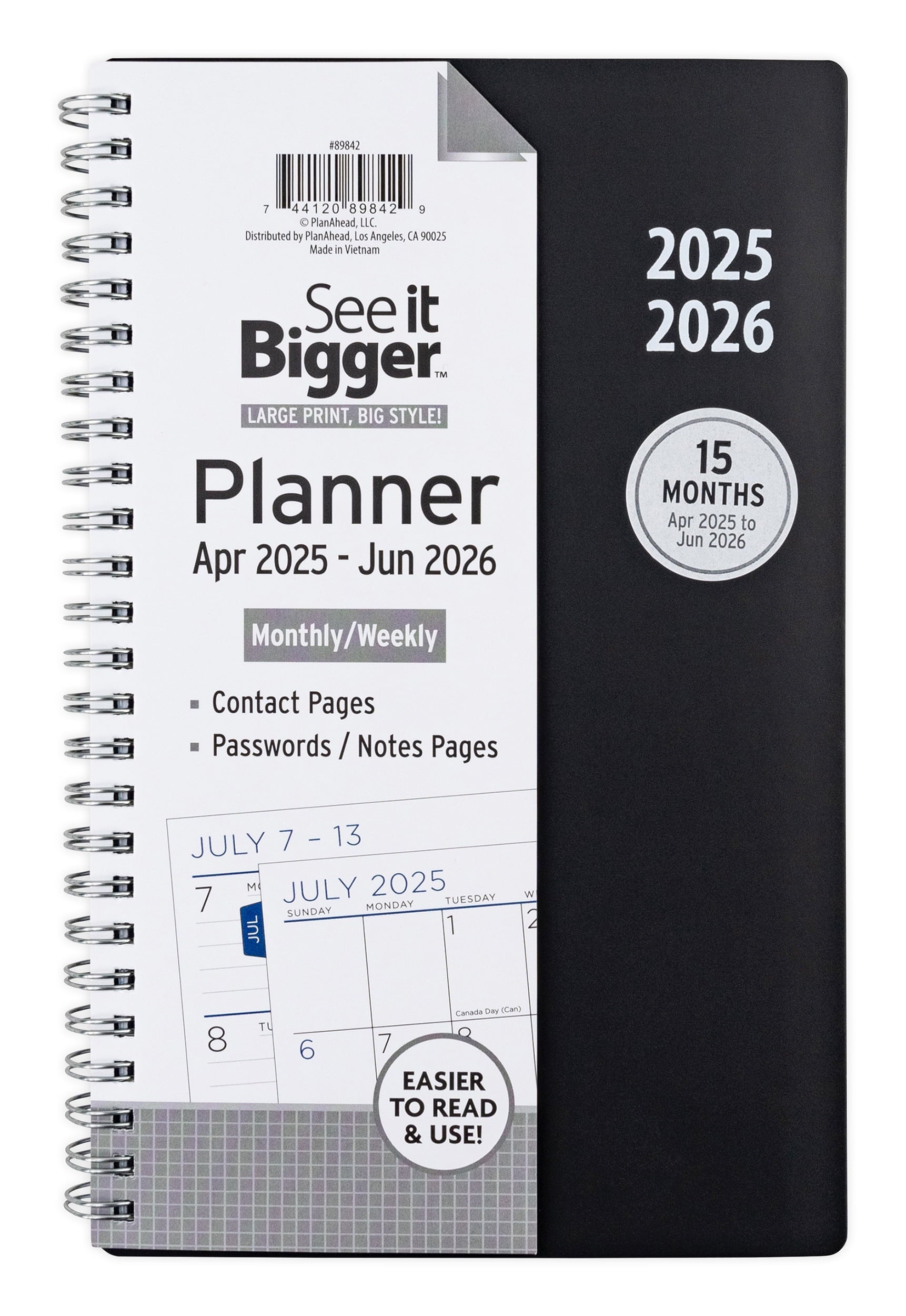 Monthly Weekly Planner Medium (6 x 8.5) Black, 15 month, Apr 2025-Jun 2026