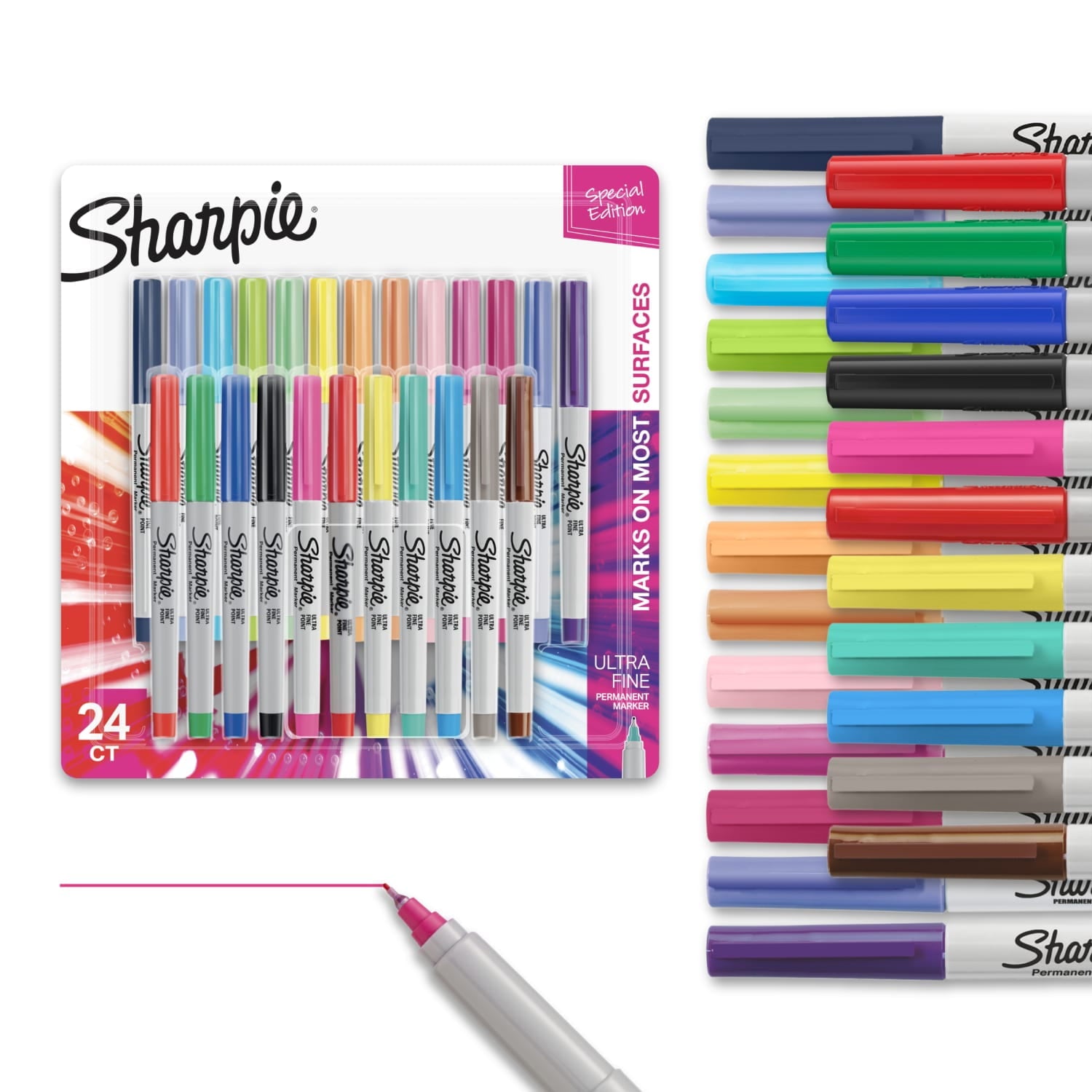 Color Burst Permanent Markers, Ultra Fine Point, Assorted Colors, 24 Count