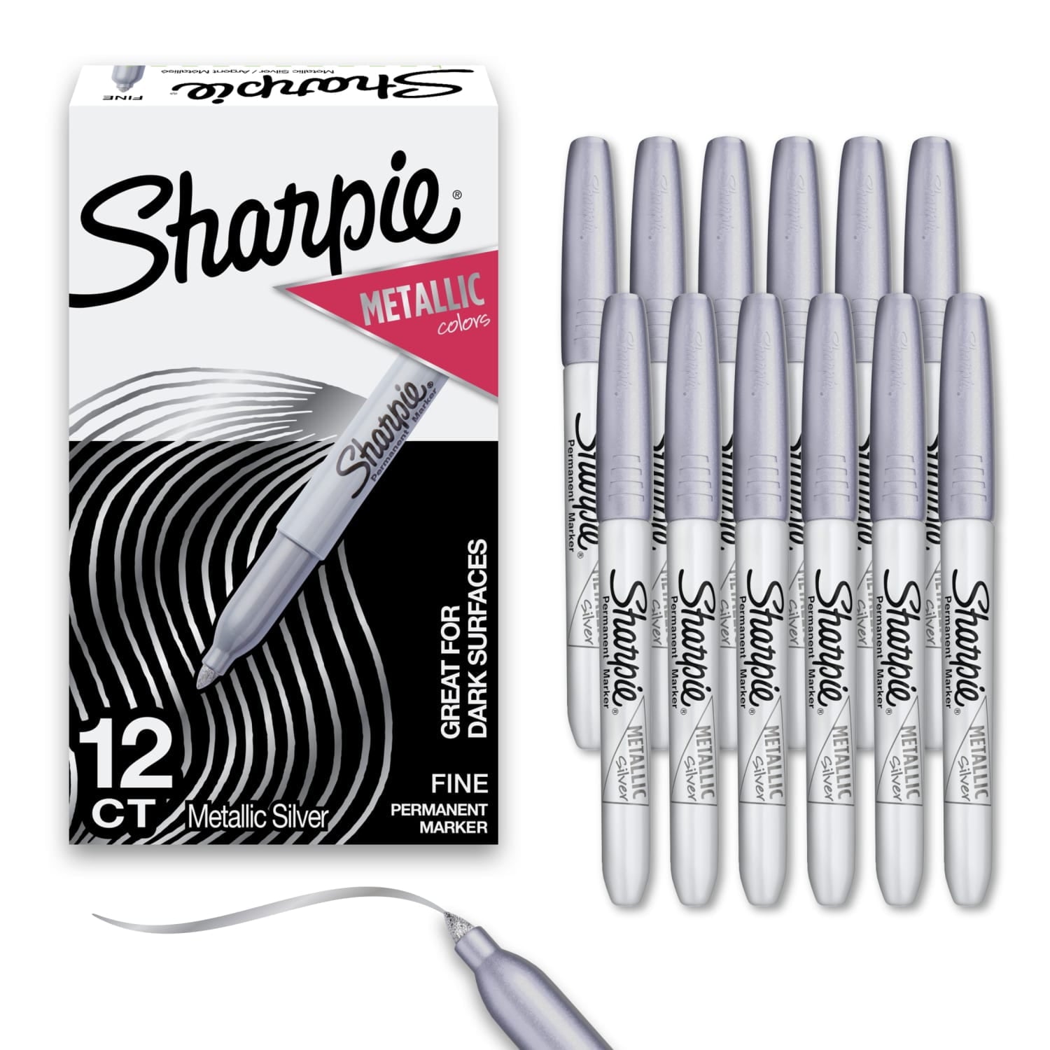 Metallic Permanent Markers, Fine Point, Silver, 12 Count